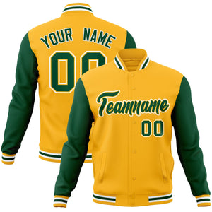 Custom Gold Green-Gold Raglan Sleeves Varsity Full-Snap Letterman Jacket