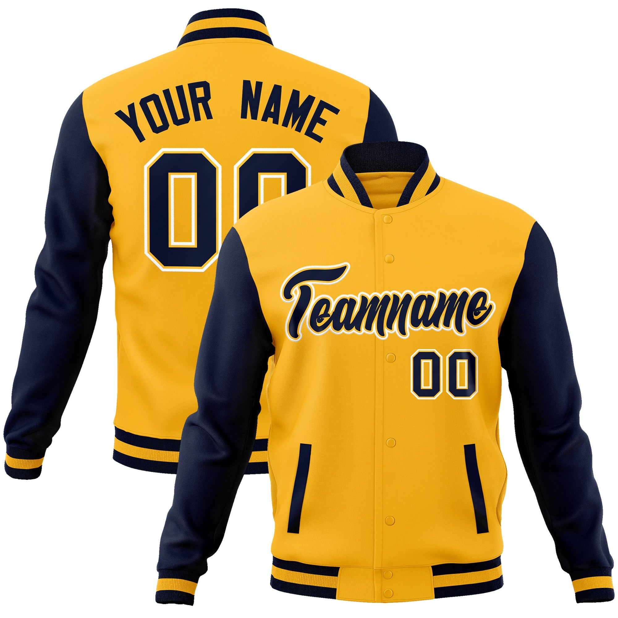 Custom Gold Navy-Gold Raglan Sleeves Varsity Full-Snap Letterman Jacket