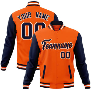 Custom Orange Navy-Orange Raglan Sleeves Varsity Full-Snap Letterman Jacket