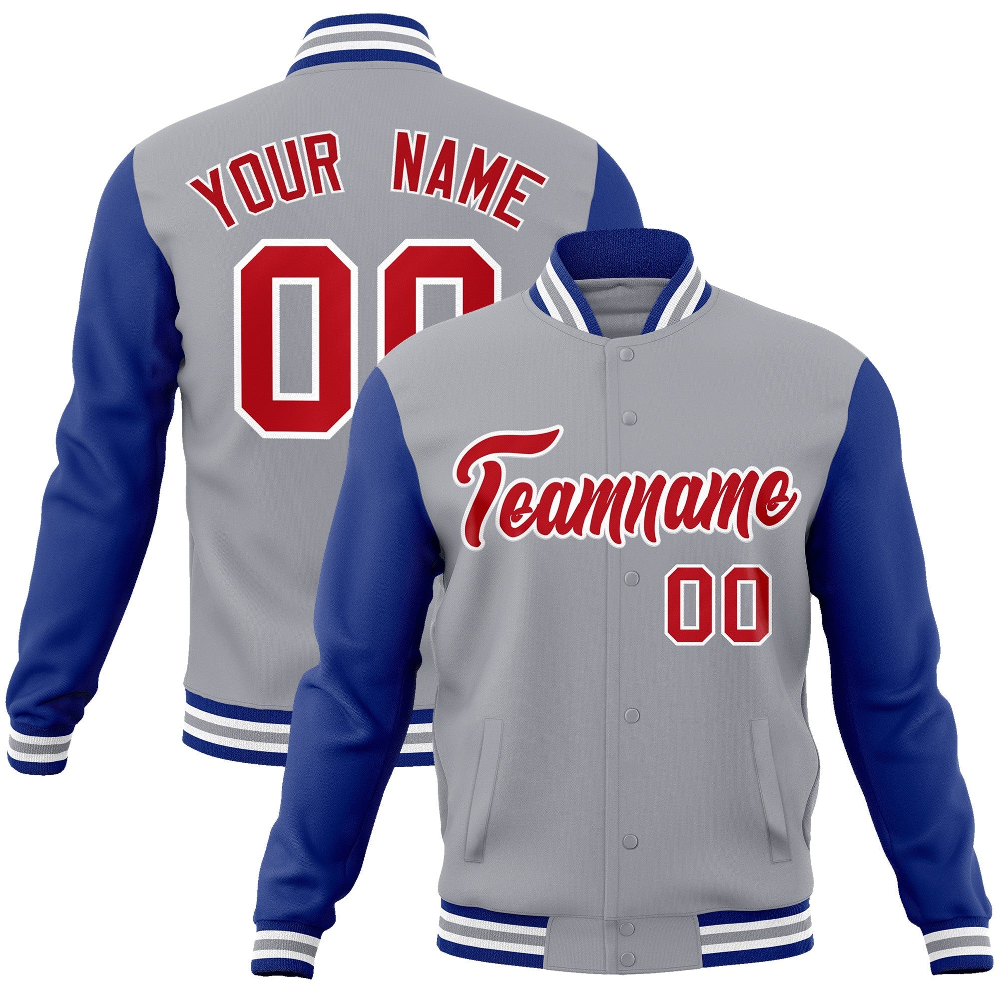 Custom Gray Red-White Raglan Sleeves Varsity Full-Snap Letterman Jacket