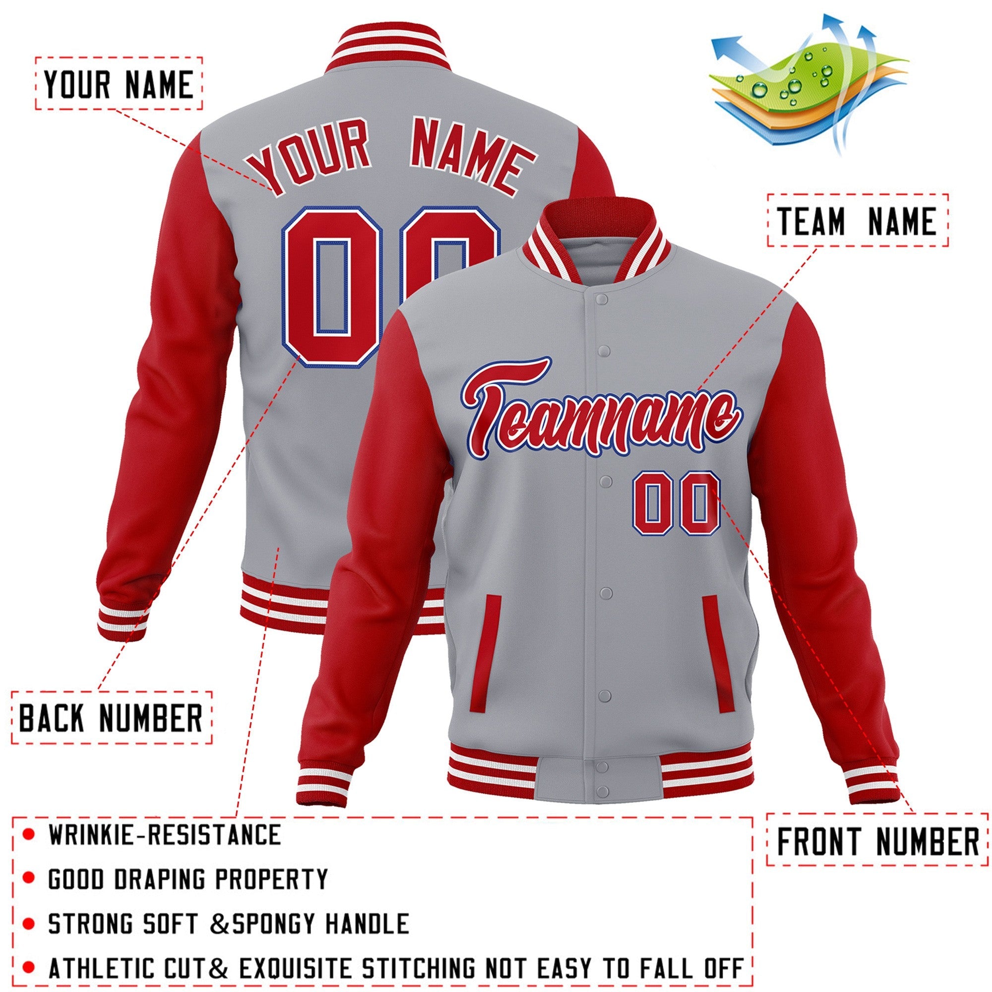 Custom Gray Red-White Raglan Sleeves Varsity Full-Snap Letterman Jacket