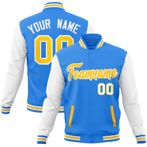 Custom Powder Blue Gold-White Raglan Sleeves Varsity Full-Snap Letterman Jacket