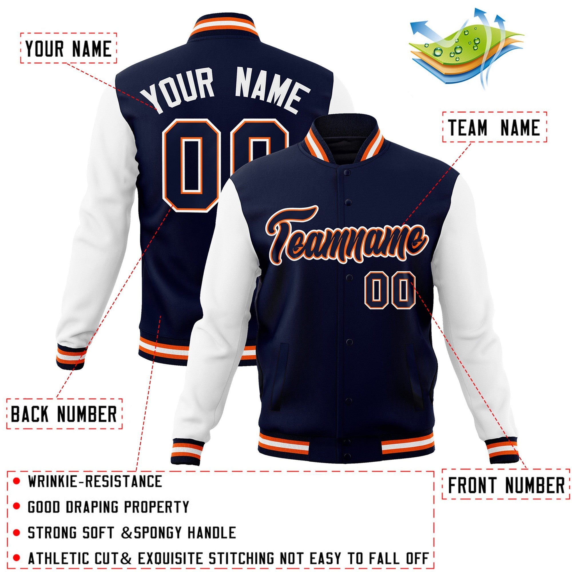 Veste Letterman Varsity Full-Snap à manches raglan bleu marine-orange personnalisée