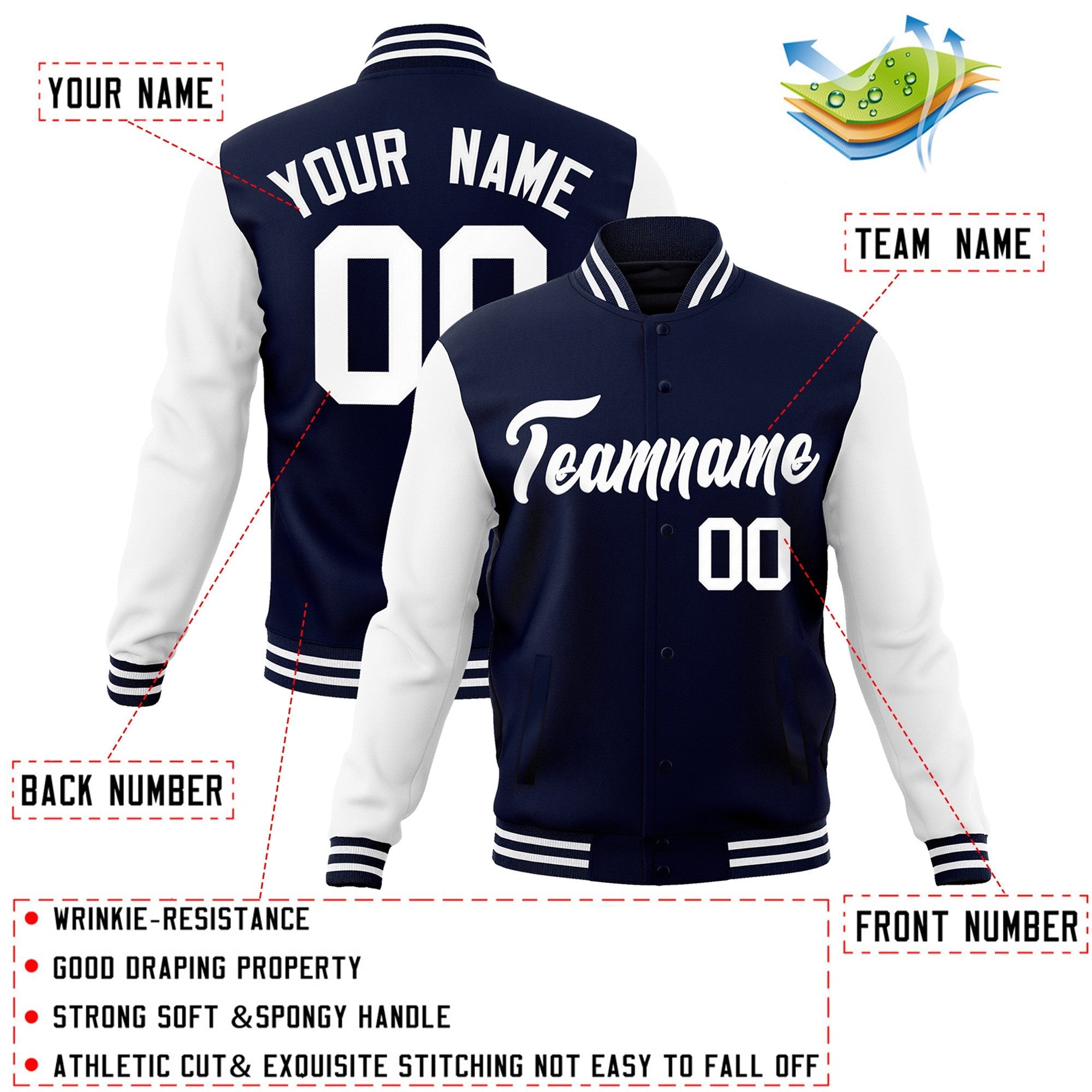 Custom Navy White Raglan Sleeves Varsity Full-Snap Letterman Jacket