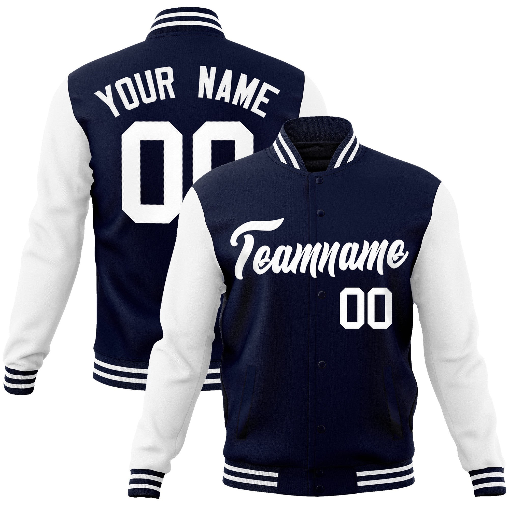 Custom Navy White Raglan Sleeves Varsity Full-Snap Letterman Jacket