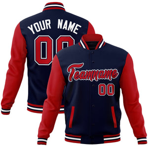 Veste Letterman universitaire à manches raglan rouge-marine personnalisée