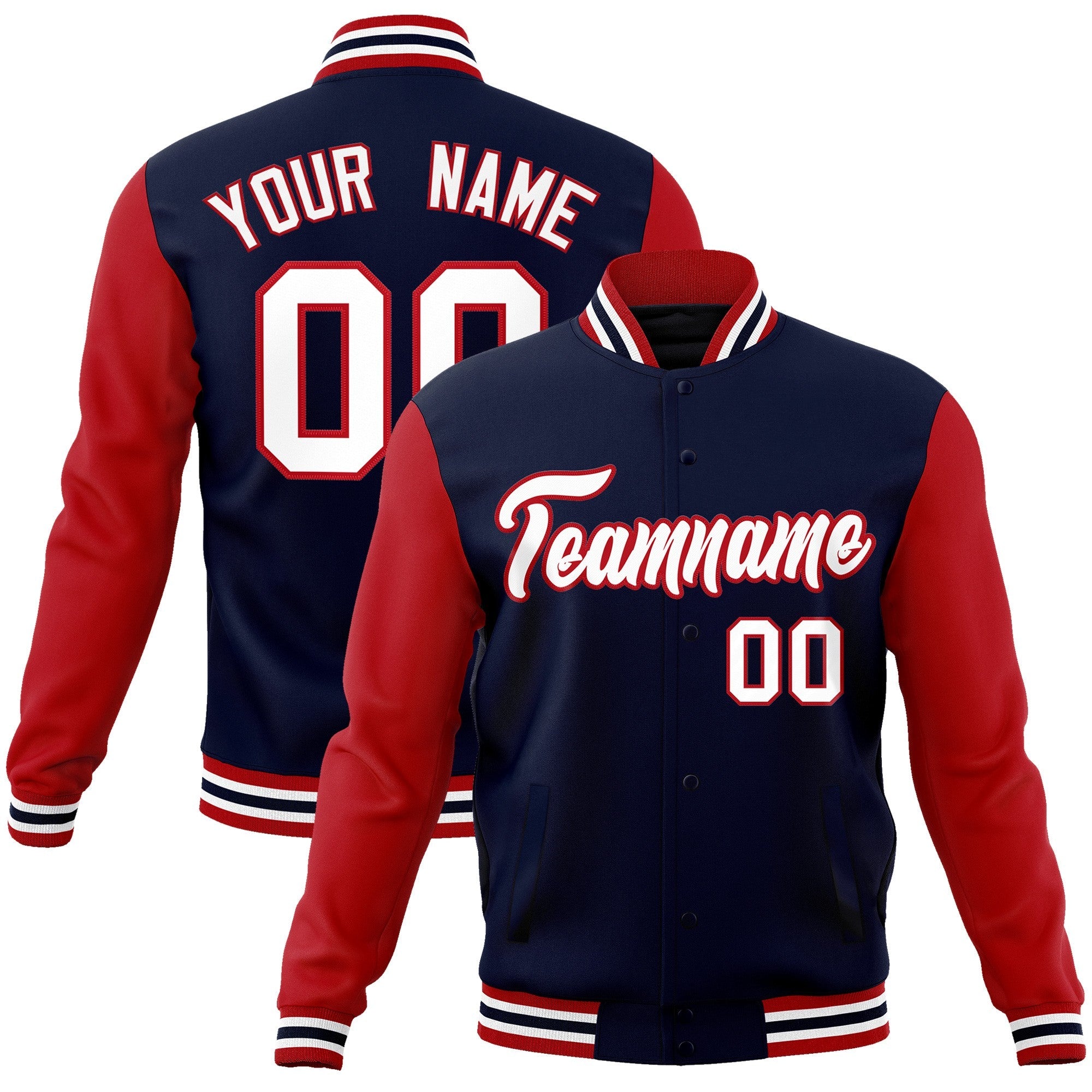 Custom Navy White-Red Raglan Sleeves Varsity Full-Snap Letterman Jacket