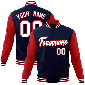 Custom Navy White-Red Raglan Sleeves Varsity Full-Snap Letterman Jacket