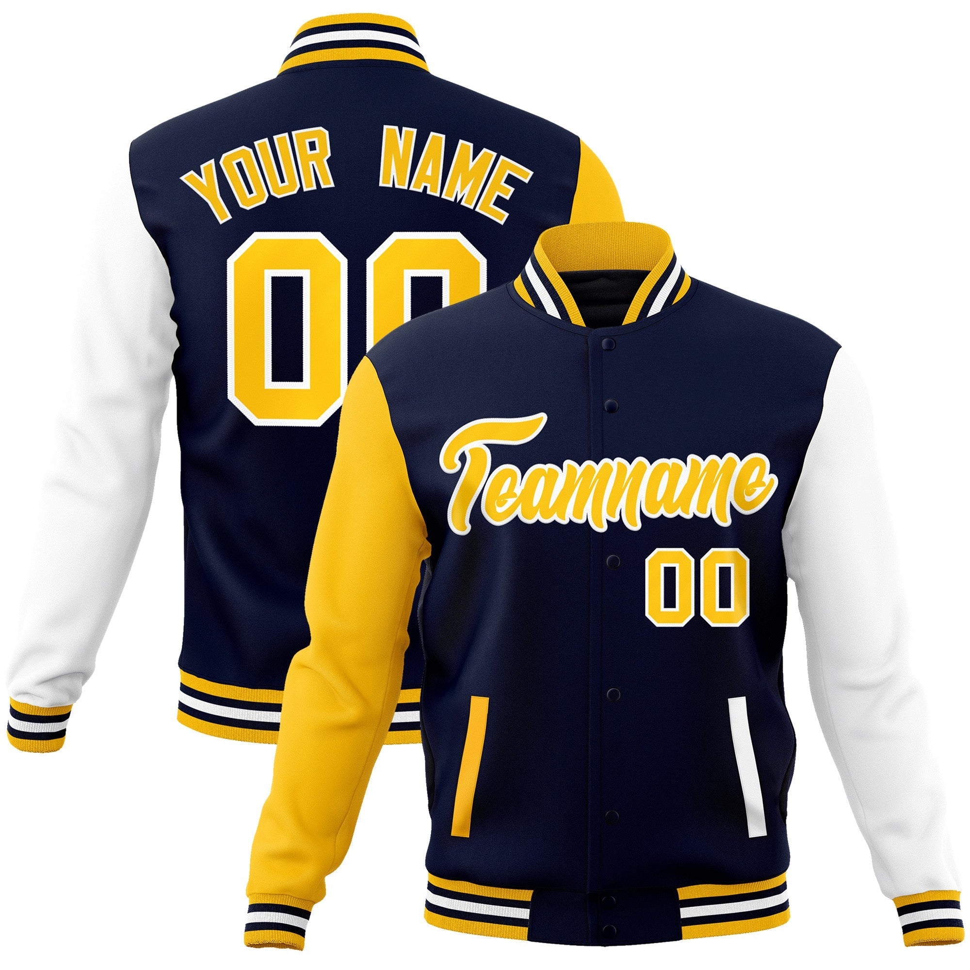 Custom Navy Gold-White Raglan Sleeves Varsity Full-Snap Letterman Jacket