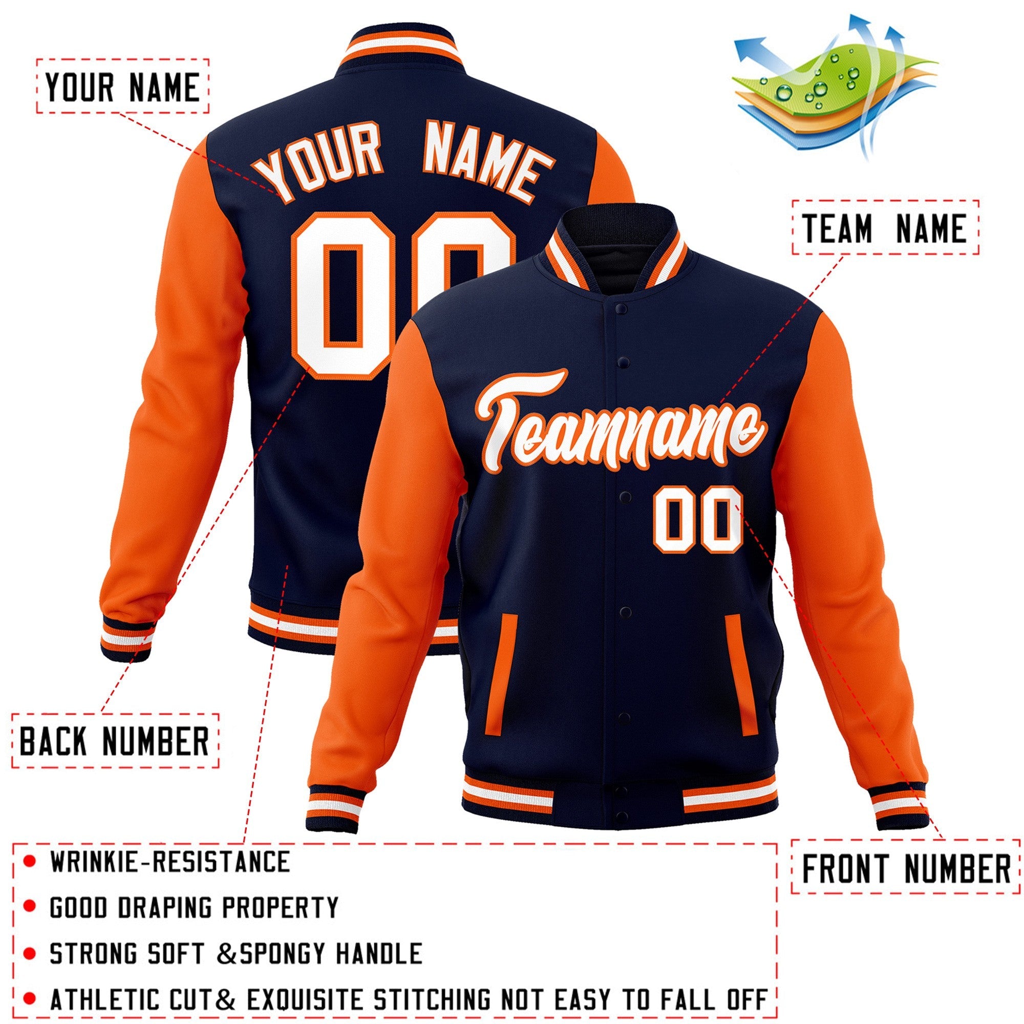 Custom Navy White-Orange Raglan Sleeves Varsity Full-Snap Letterman Jacket