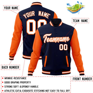 Custom Navy White-Orange Raglan Sleeves Varsity Full-Snap Letterman Jacket