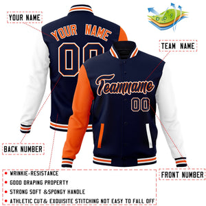 Veste Letterman Varsity Full-Snap à manches raglan bleu marine-orange personnalisée