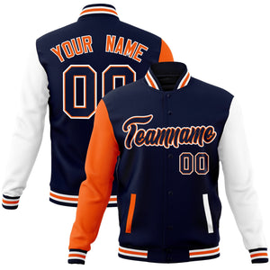 Custom Navy Navy-Orange Raglan Sleeves Varsity Full-Snap Letterman Jacket