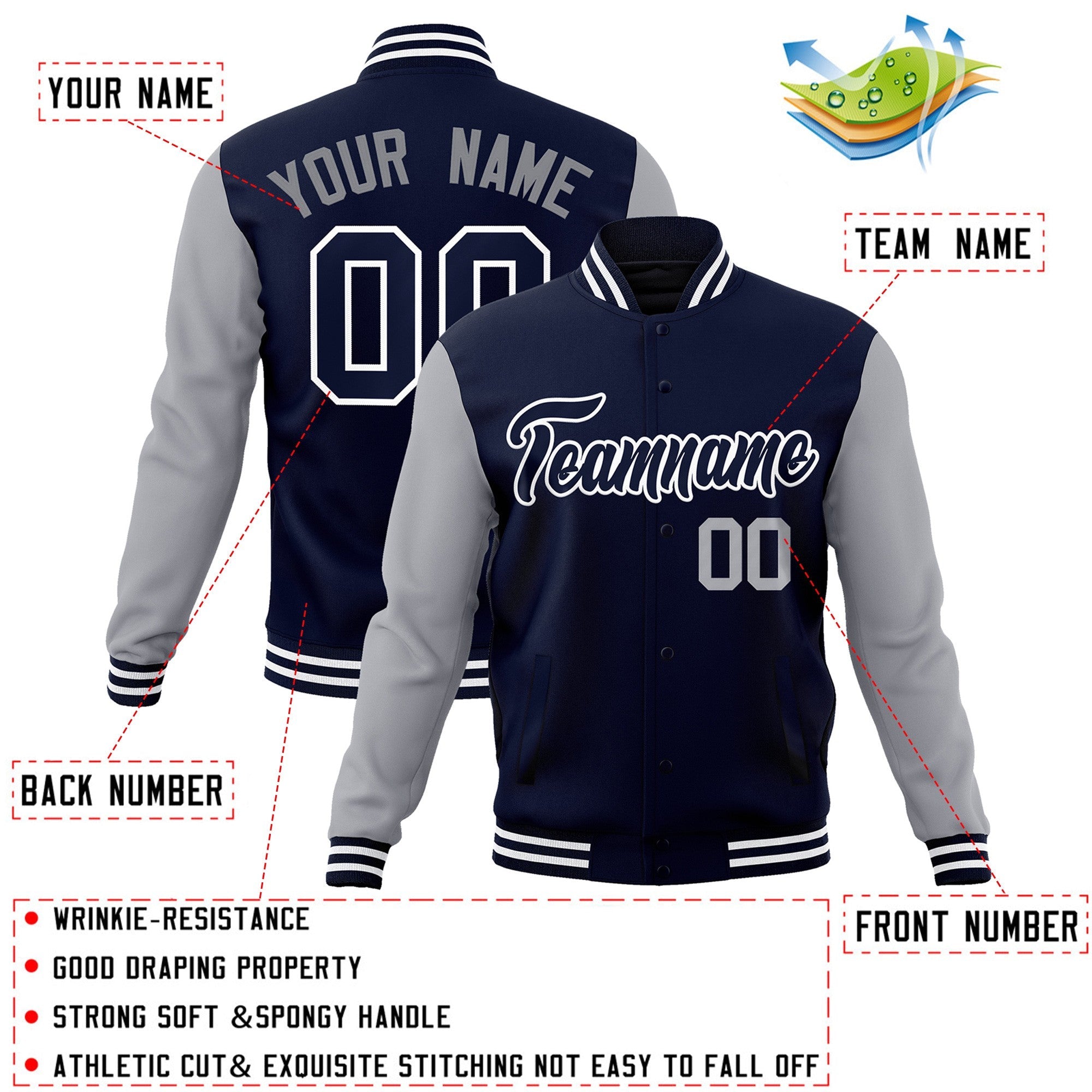 Custom Navy Navy-White Raglan Sleeves Varsity Full-Snap Letterman Jacket