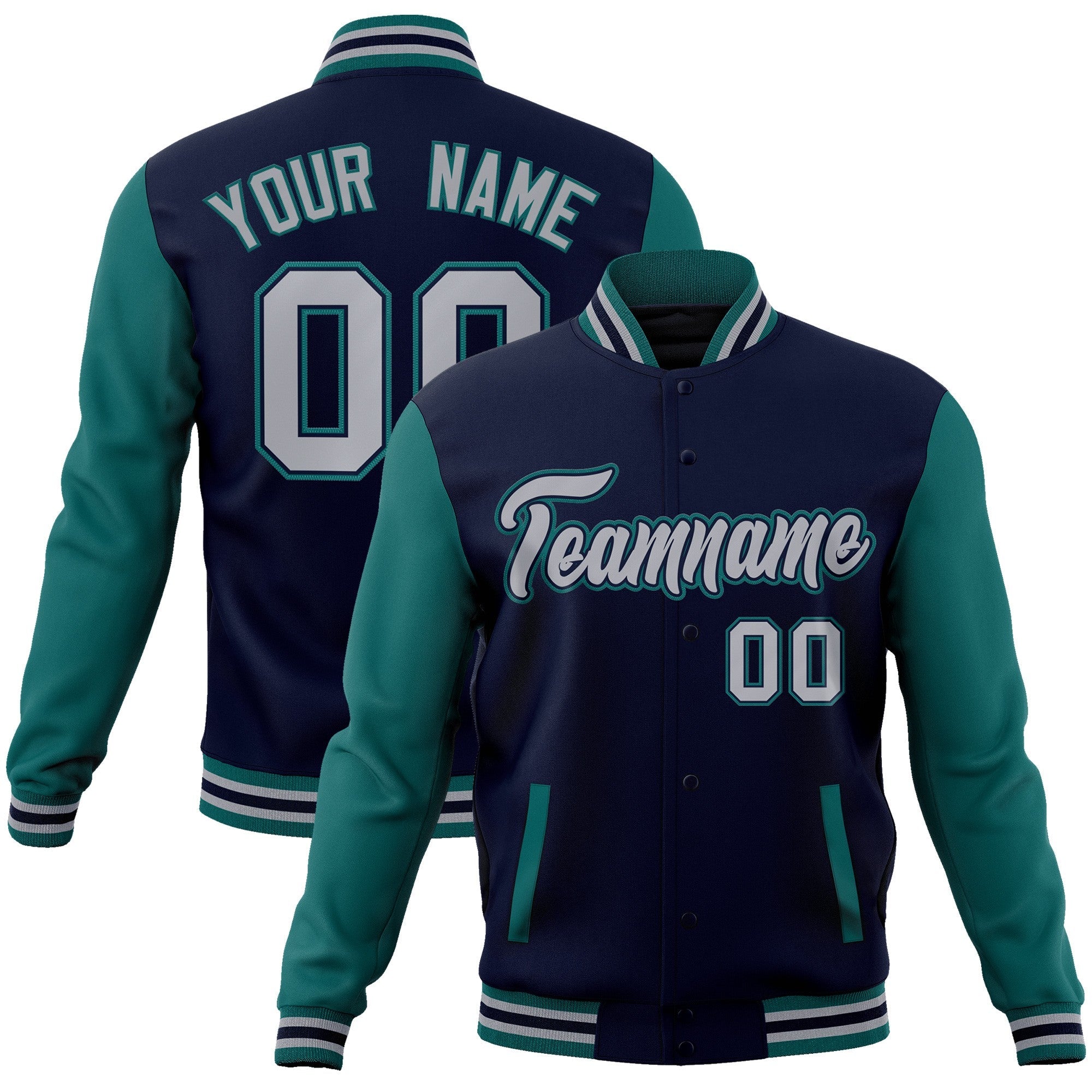 Custom Navy Gray-Navy Raglan Sleeves Varsity Full-Snap Letterman Jacket