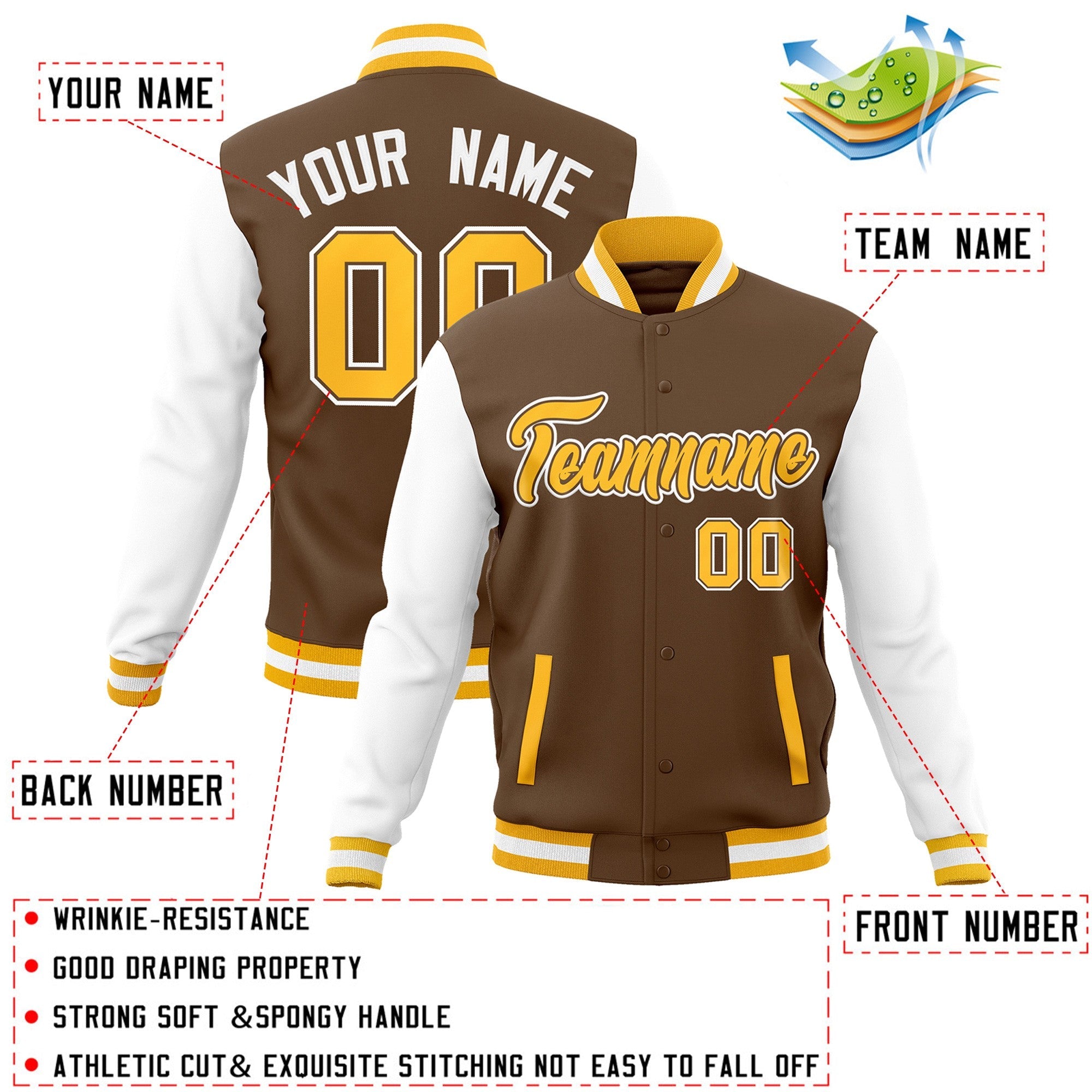 Veste personnalisée marron clair or-blanc manches raglan Varsity Full-Snap Letterman Jacket