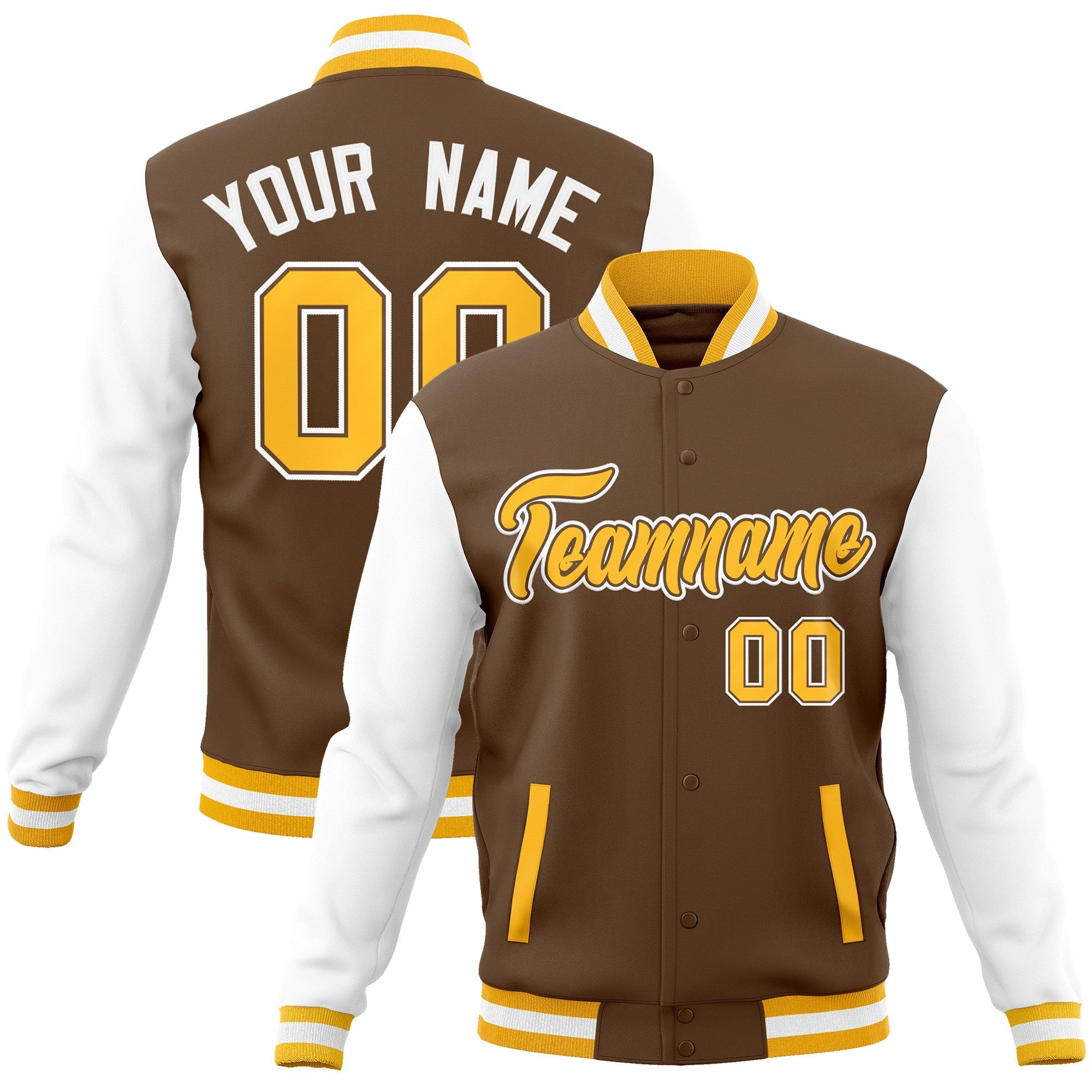 Custom Light Brown Gold-White Jacket Raglan Sleeves Varsity Full-Snap Letterman Jacket