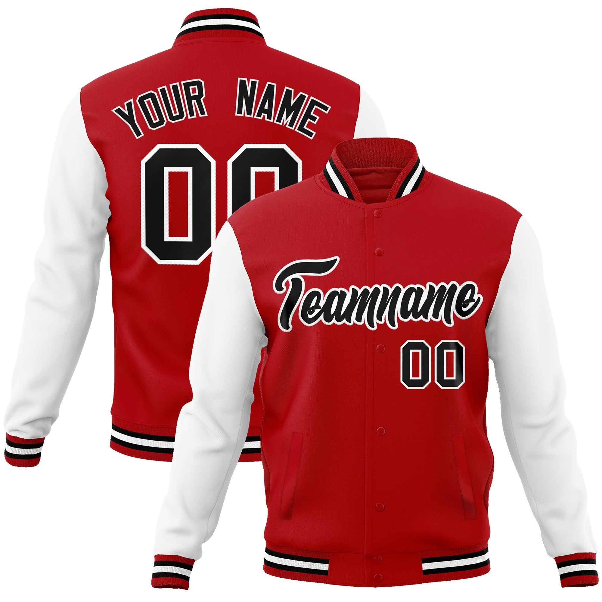 Custom Red Black-White Raglan Sleeves Varsity Full-Snap Letterman Jacket