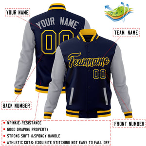 Custom Navy Navy-Gold Raglan Sleeves Varsity Full-Snap Letterman Jacket