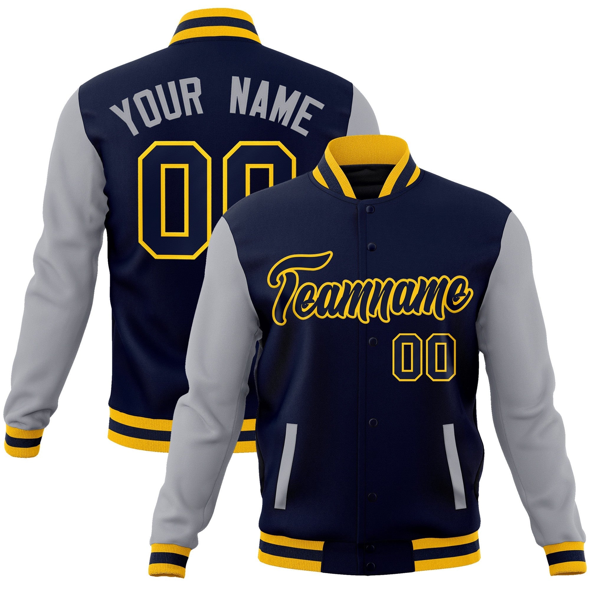 Custom Navy Navy-Gold Raglan Sleeves Varsity Full-Snap Letterman Jacket