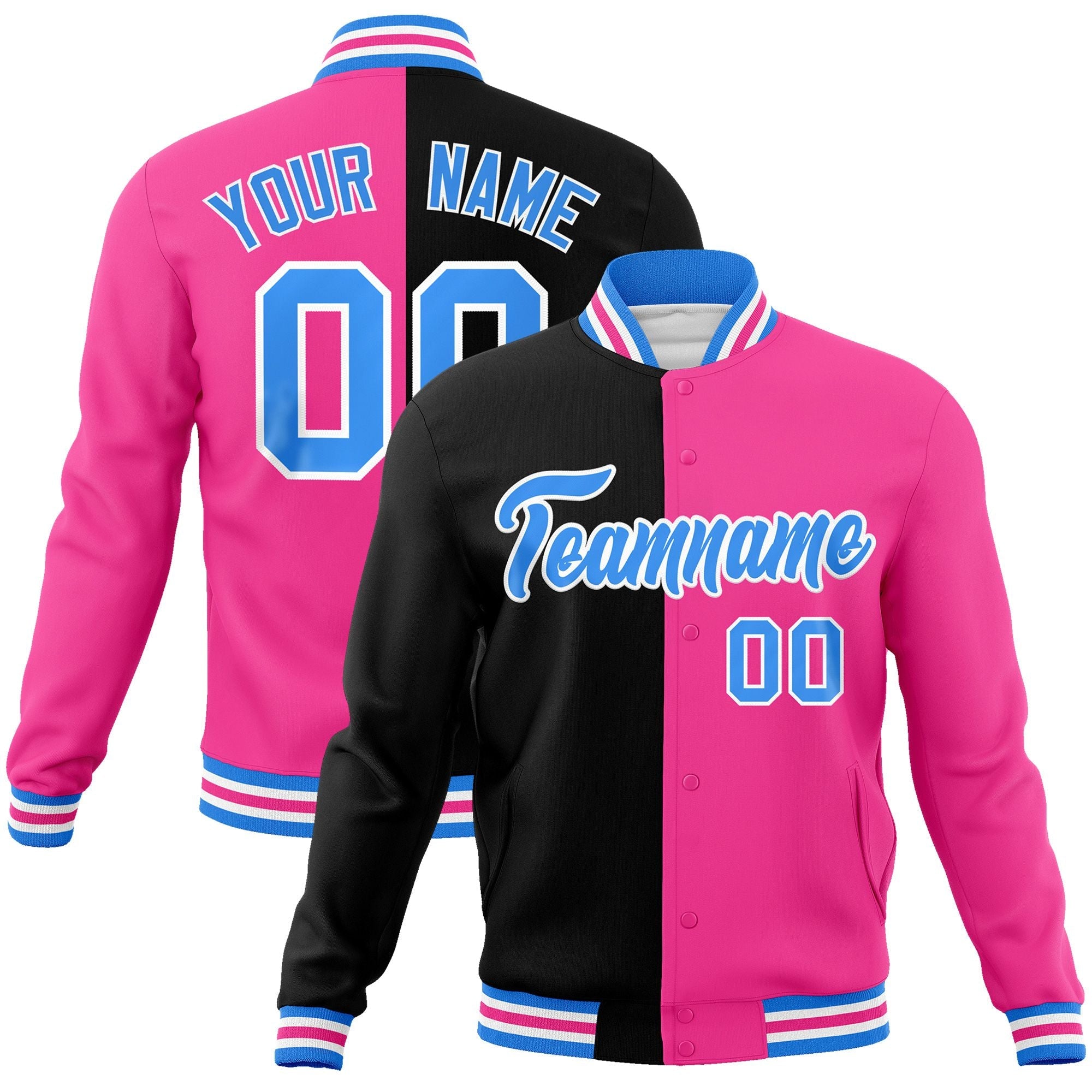 Custom Black PinkPowder Blue Varsity FullSnap Letterman Two Tone Spl