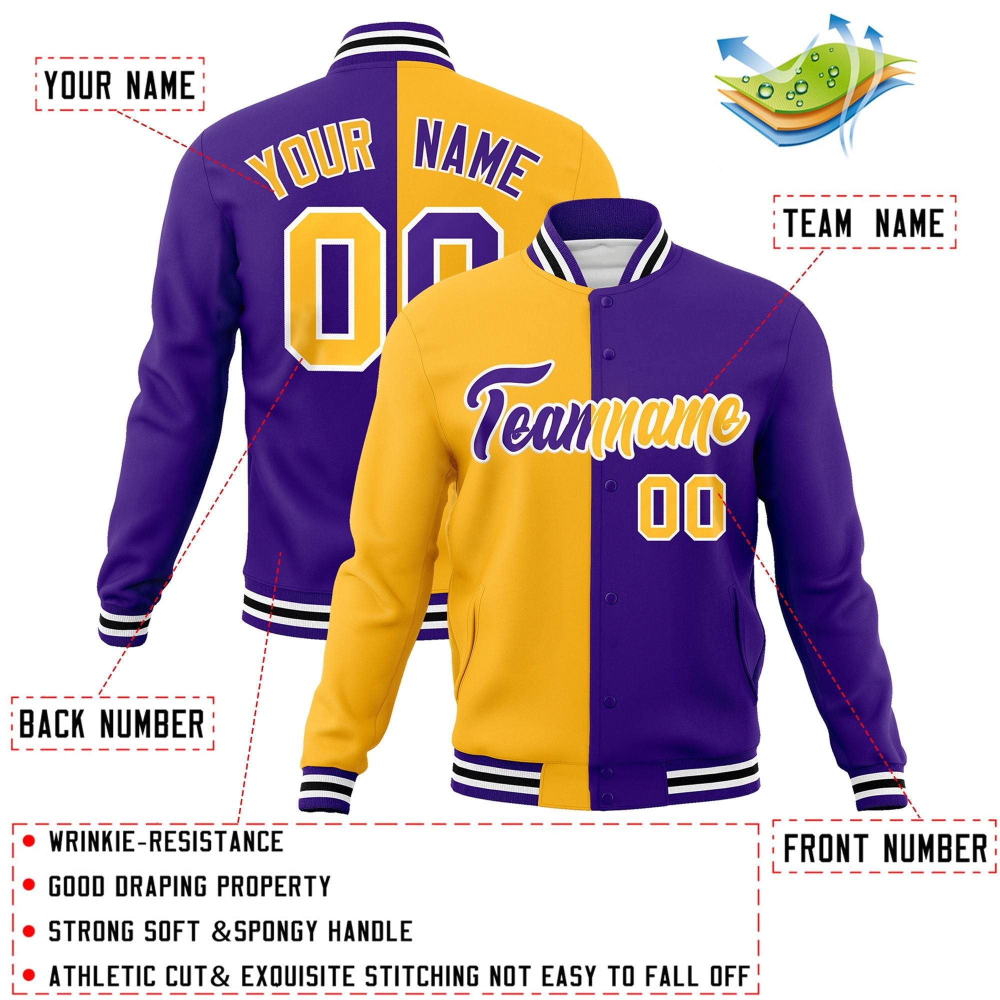 Veste de mode fendue bicolore personnalisée jaune violet-violet Varsity Full-Snap Letterman