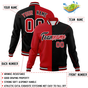 Veste de mode fendue bicolore personnalisée rouge noir-noir Varsity Full-Snap Letterman