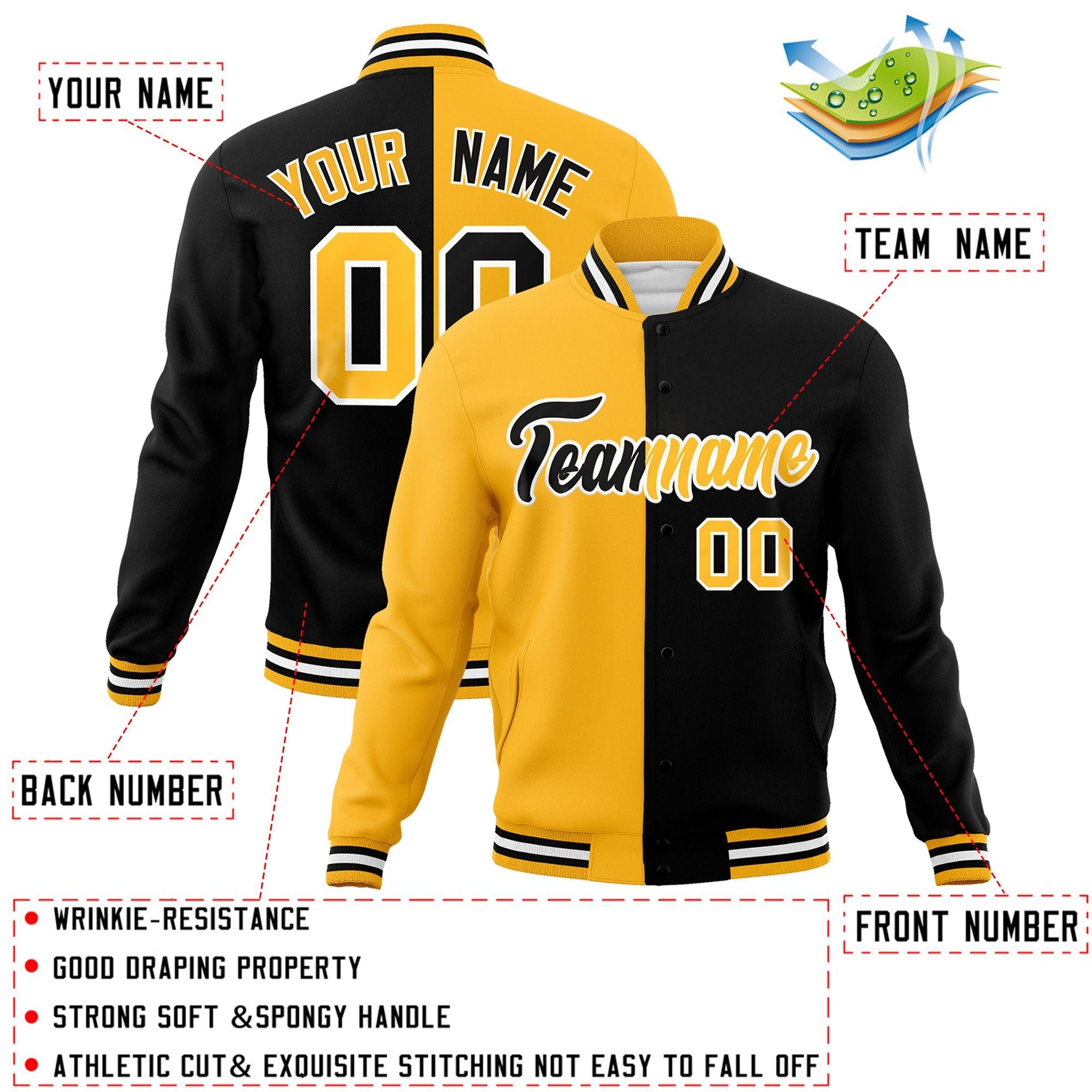 Custom Yellow Black-Black Varsity Full-Snap Letterman Two Tone Split Fashion Jacket