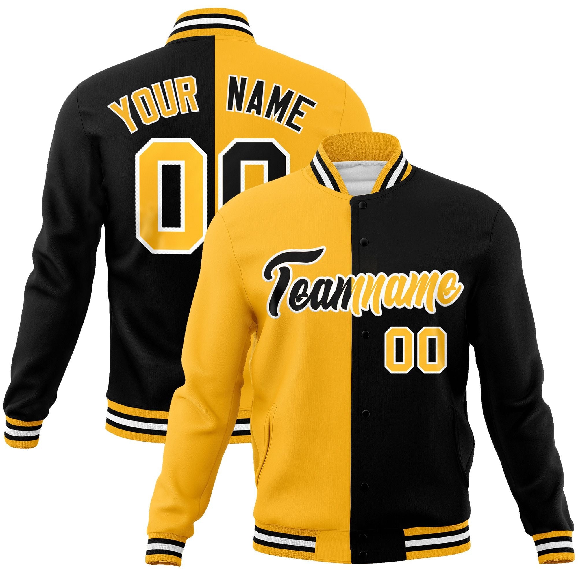 Custom Yellow Black-Black Varsity Full-Snap Letterman Two Tone Split Fashion Jacket