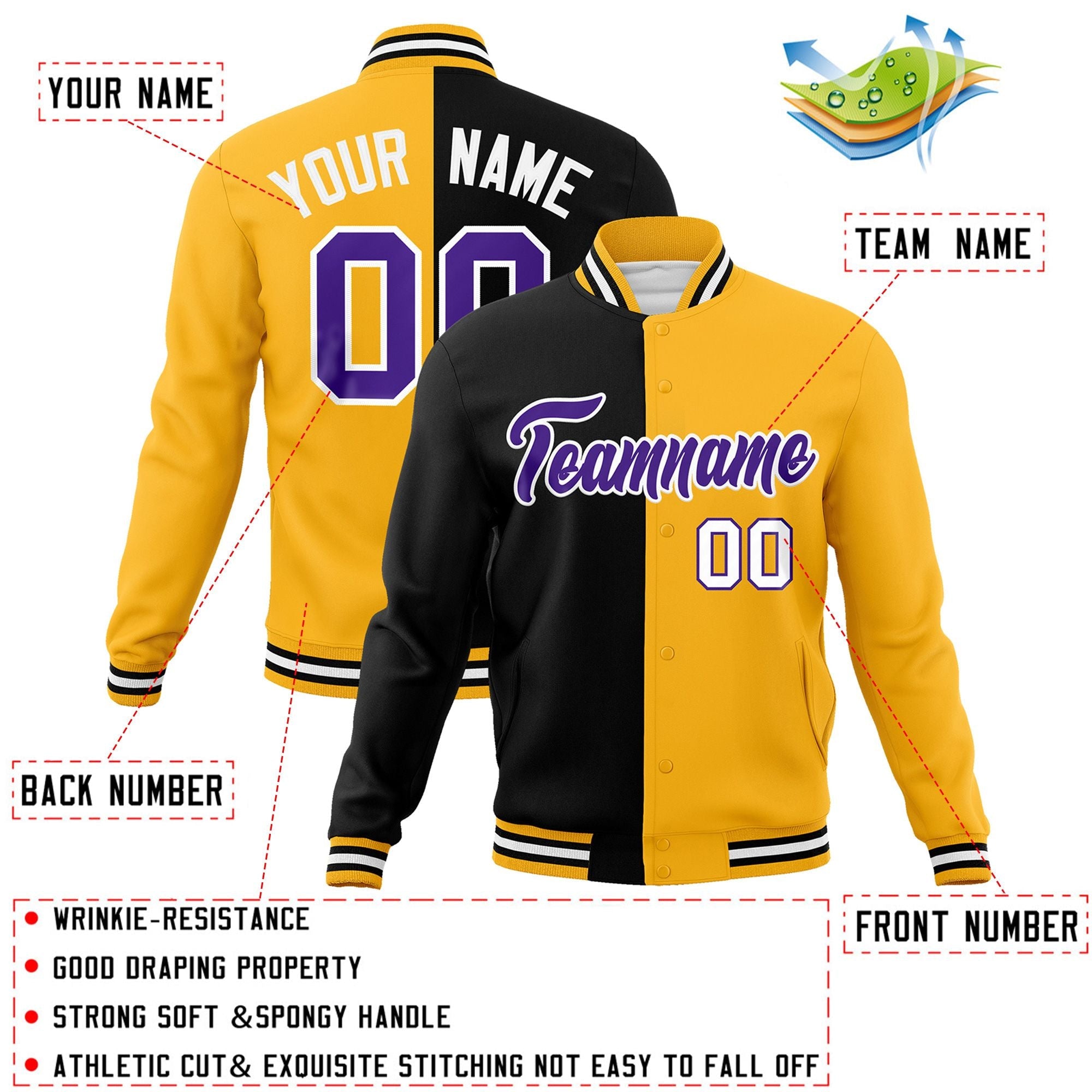 Custom Black Yellow-Purple Varsity Full-Snap Letterman Two Tone Split Fashion Jacket