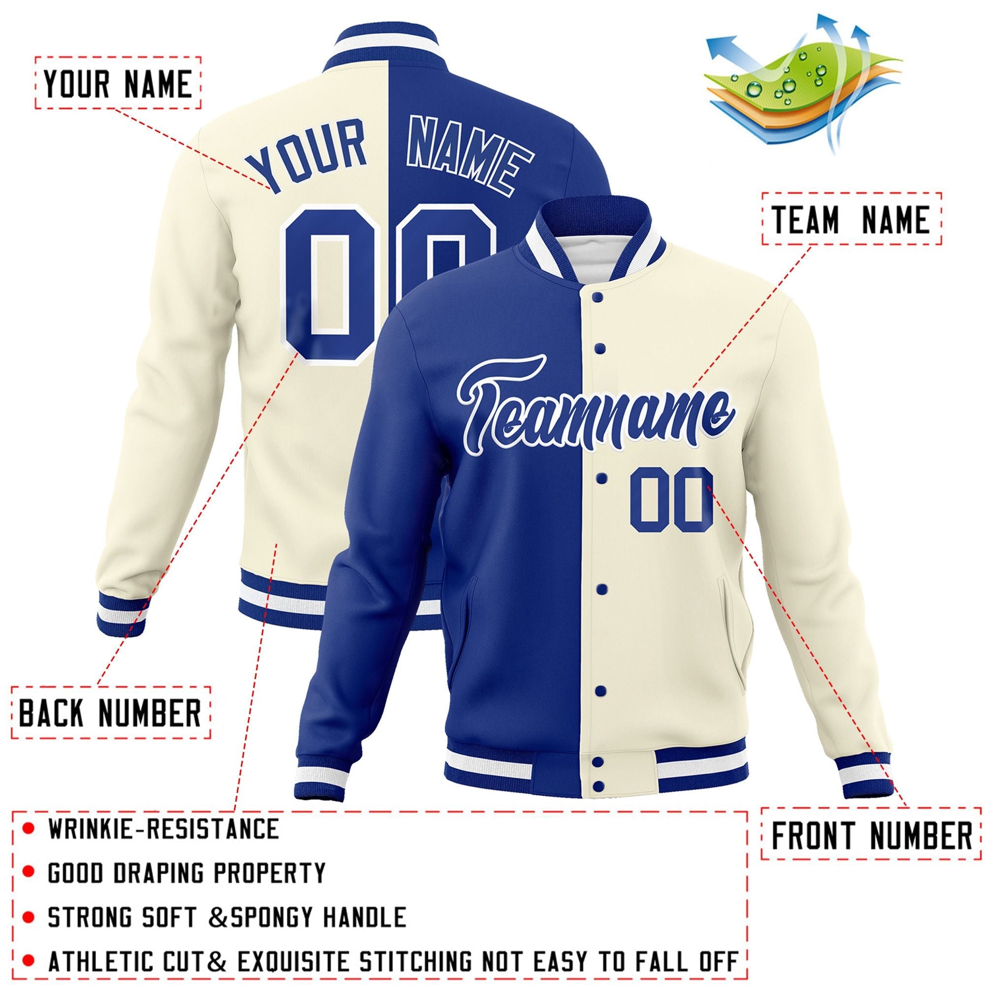 Custom Royal Khaki-Royal Varsity Full-Snap Letterman Two Tone Split Fashion Jacket