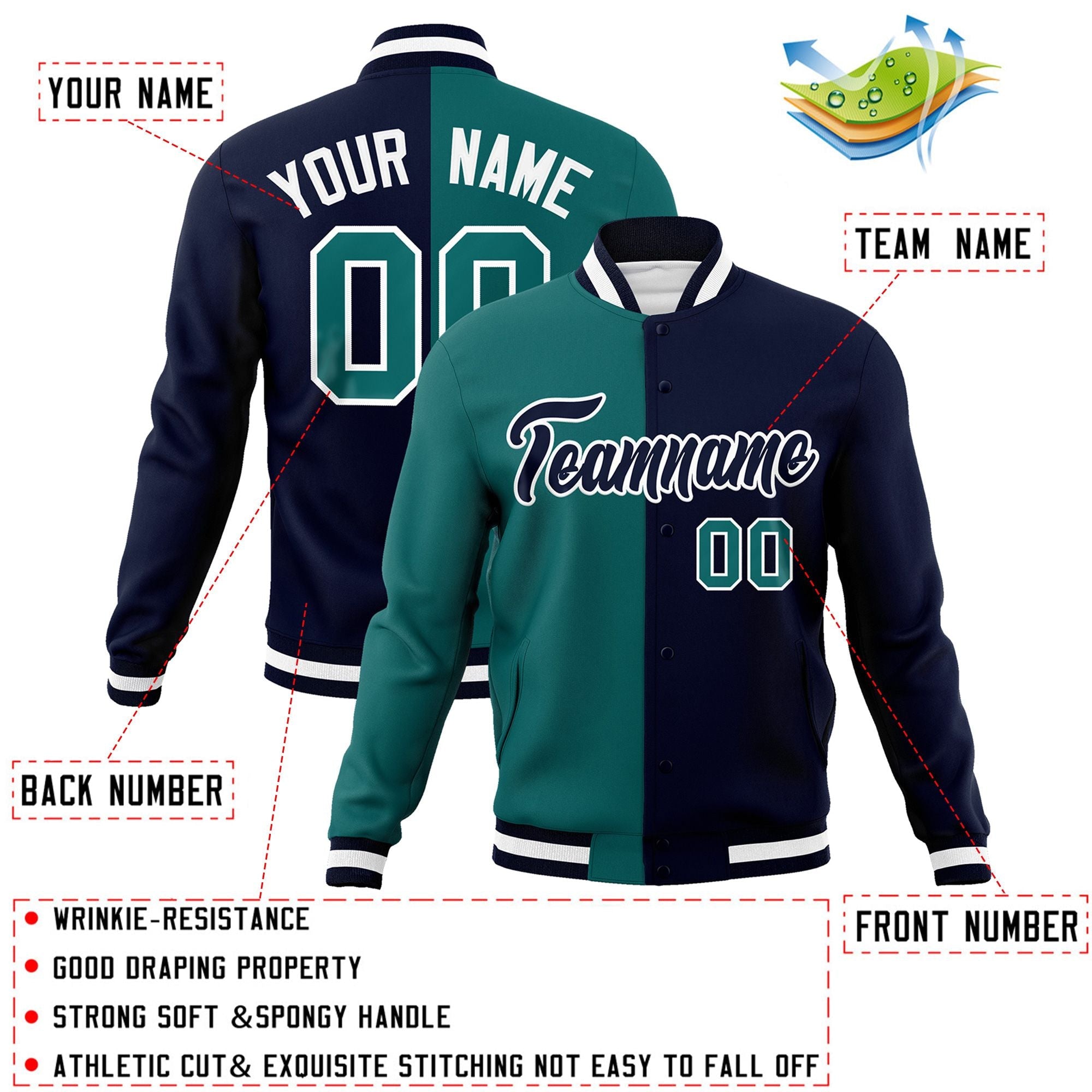 Veste de mode fendue bicolore personnalisée Aqua Navy-Black Varsity Full-Snap Letterman