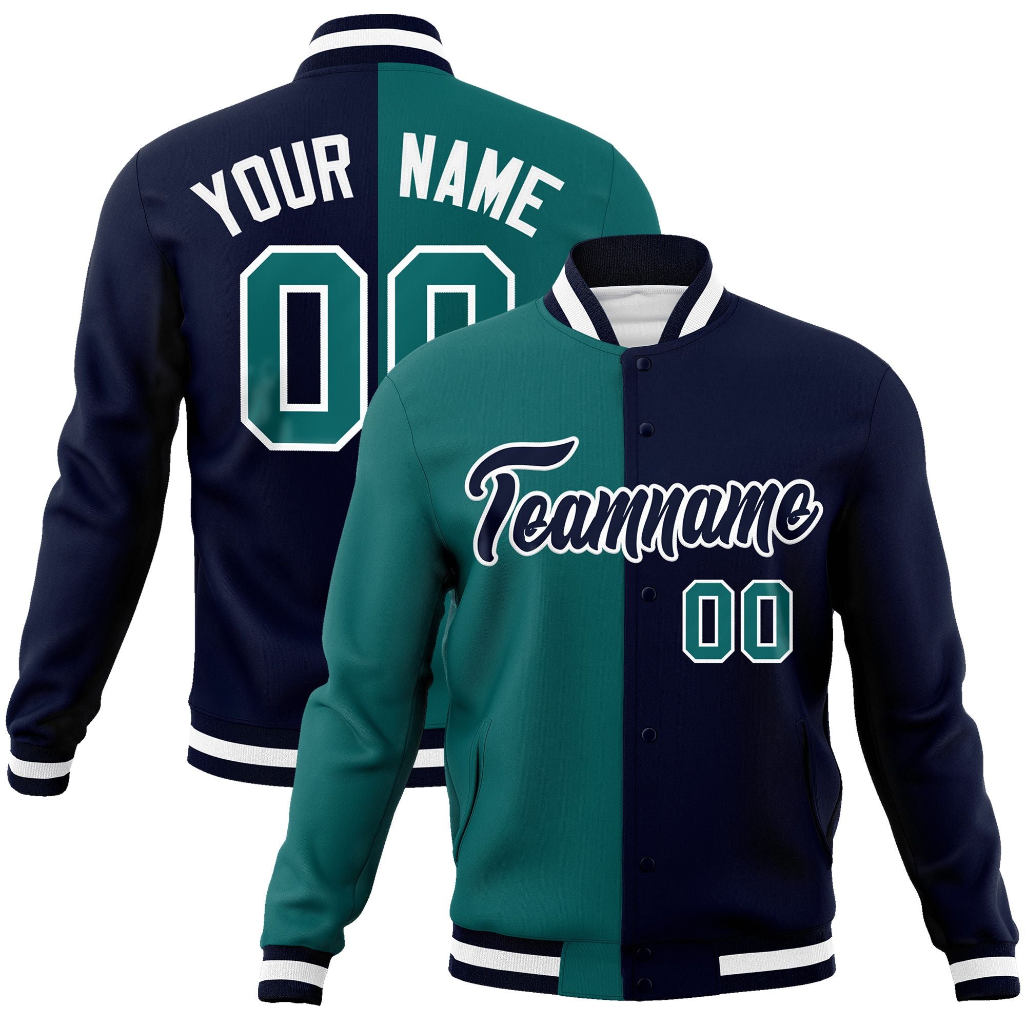 Custom Aqua Navy-Black Varsity Full-Snap Letterman Two Tone Split Fashion Jacket