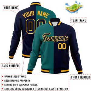 Custom Aqua Navy-Navy Varsity Full-Snap Letterman Two Tone Split Fashion Jacket