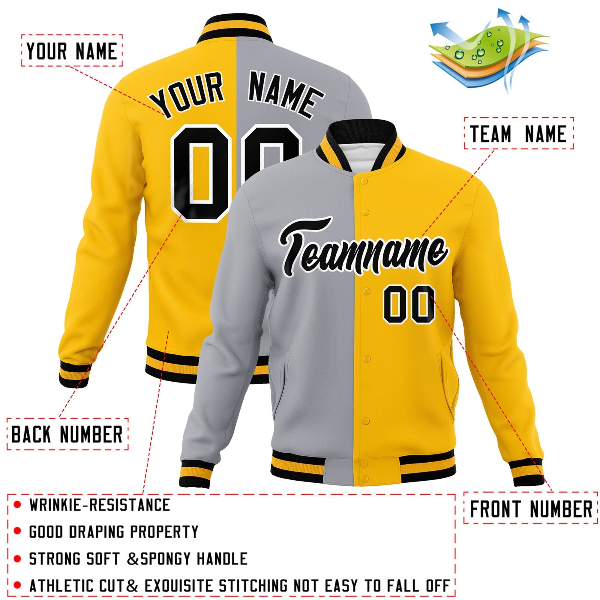 Veste de mode fendue bicolore personnalisée gris jaune-noir Varsity Full-Snap Letterman