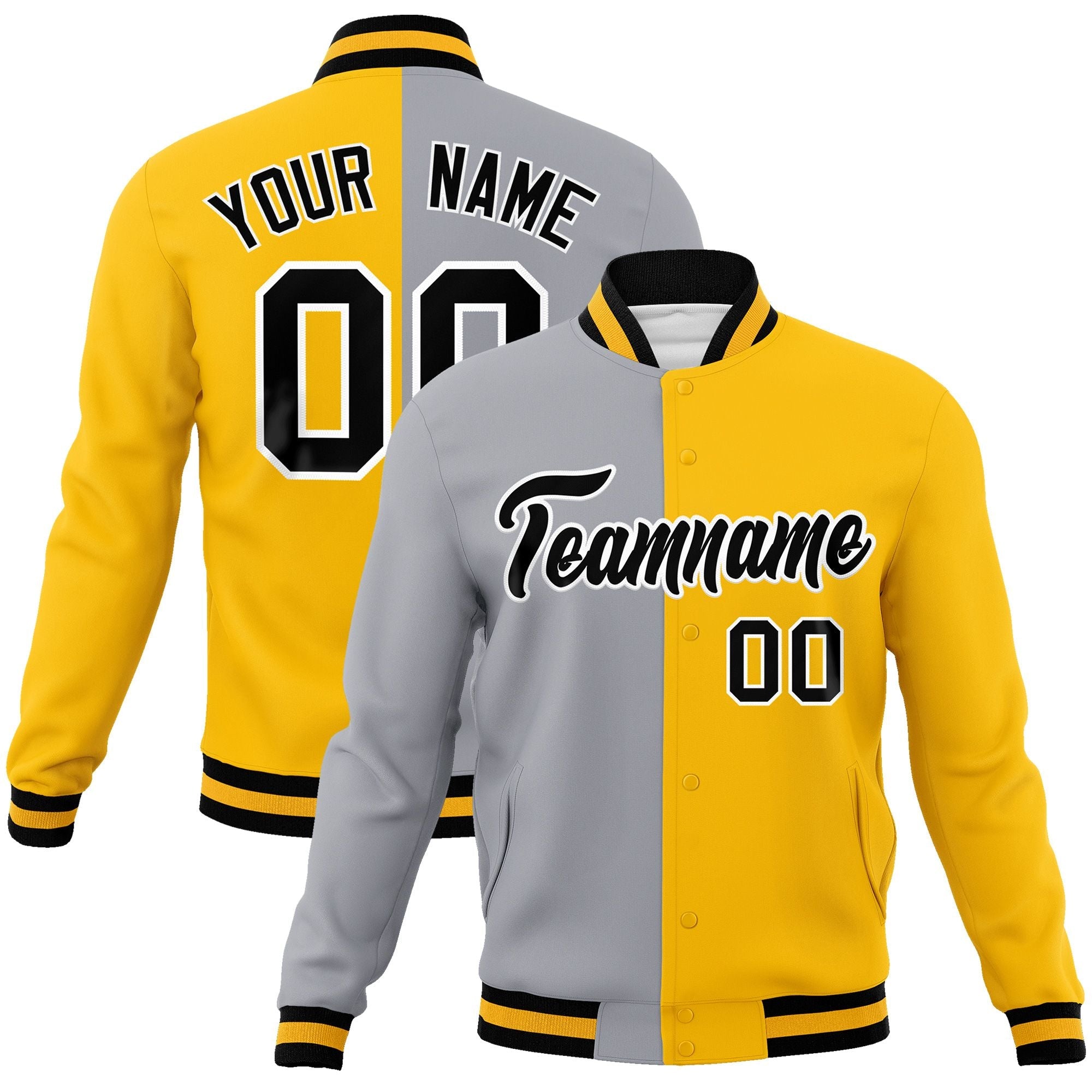 Custom Gray Yellow-Black Varsity Full-Snap Letterman Two Tone Split Fashion Jacket