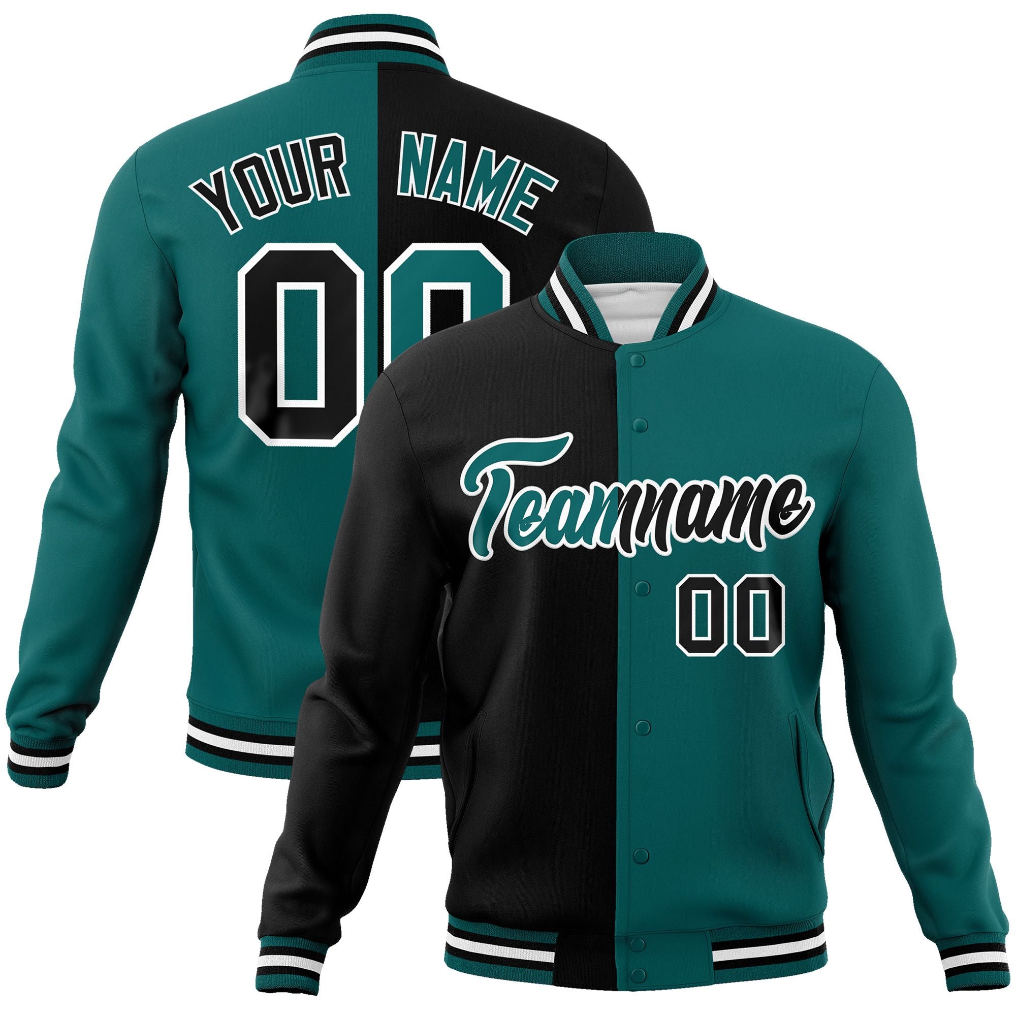 Custom Black Aqua-Aqua Varsity Full-Snap Letterman Two Tone Split Fashion Jacket