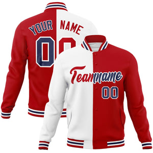 Custom White Red-Red Varsity Full-Snap Letterman Two Tone Split Fashion Jacket