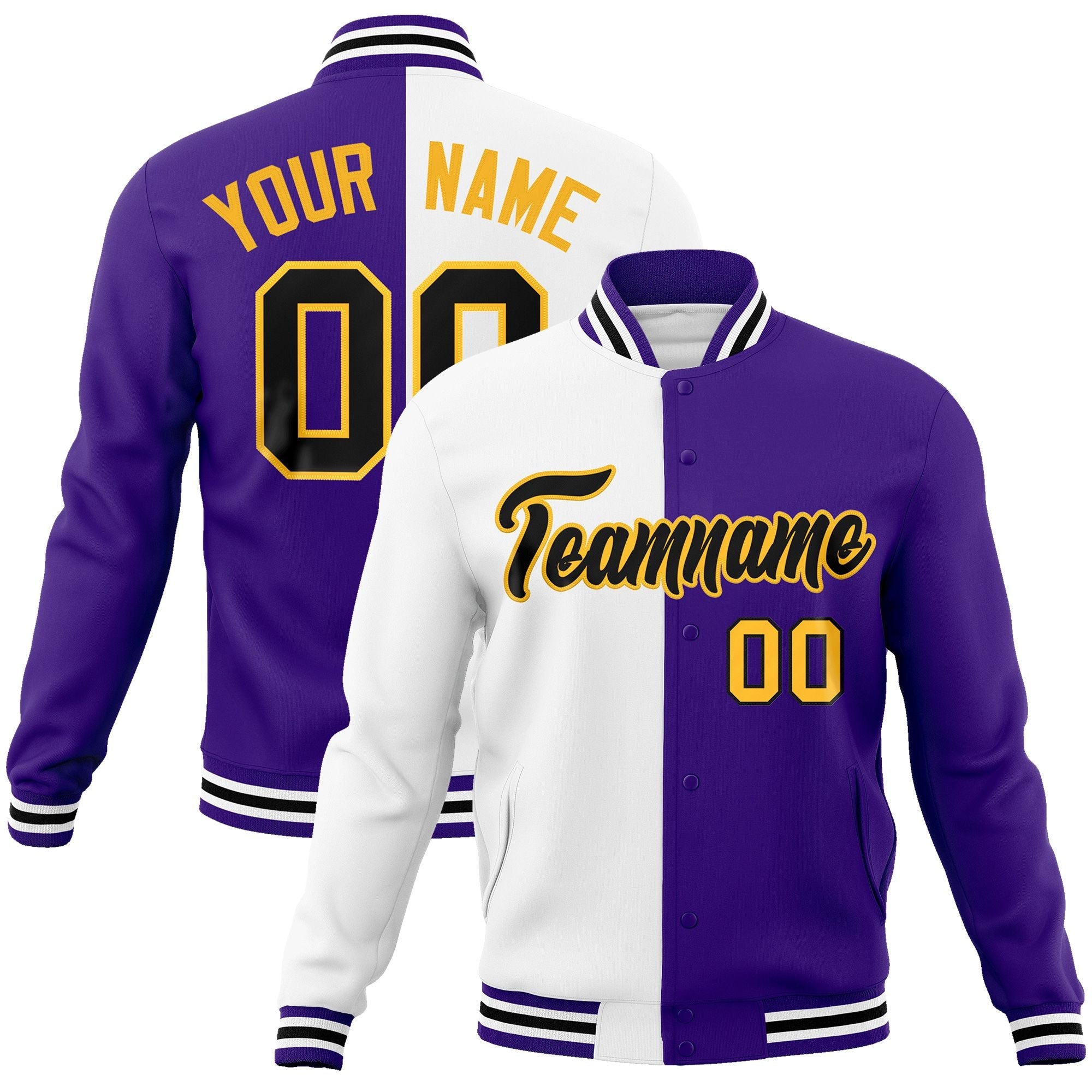 Custom White Purple-Black Varsity Full-Snap Letterman Two Tone Split Fashion Jacket