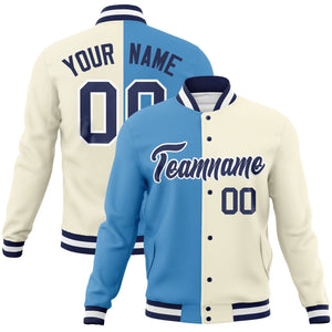 Custom Light Blue Khaki-Navy Varsity Full-Snap Letterman Two Tone Split Fashion Jacket