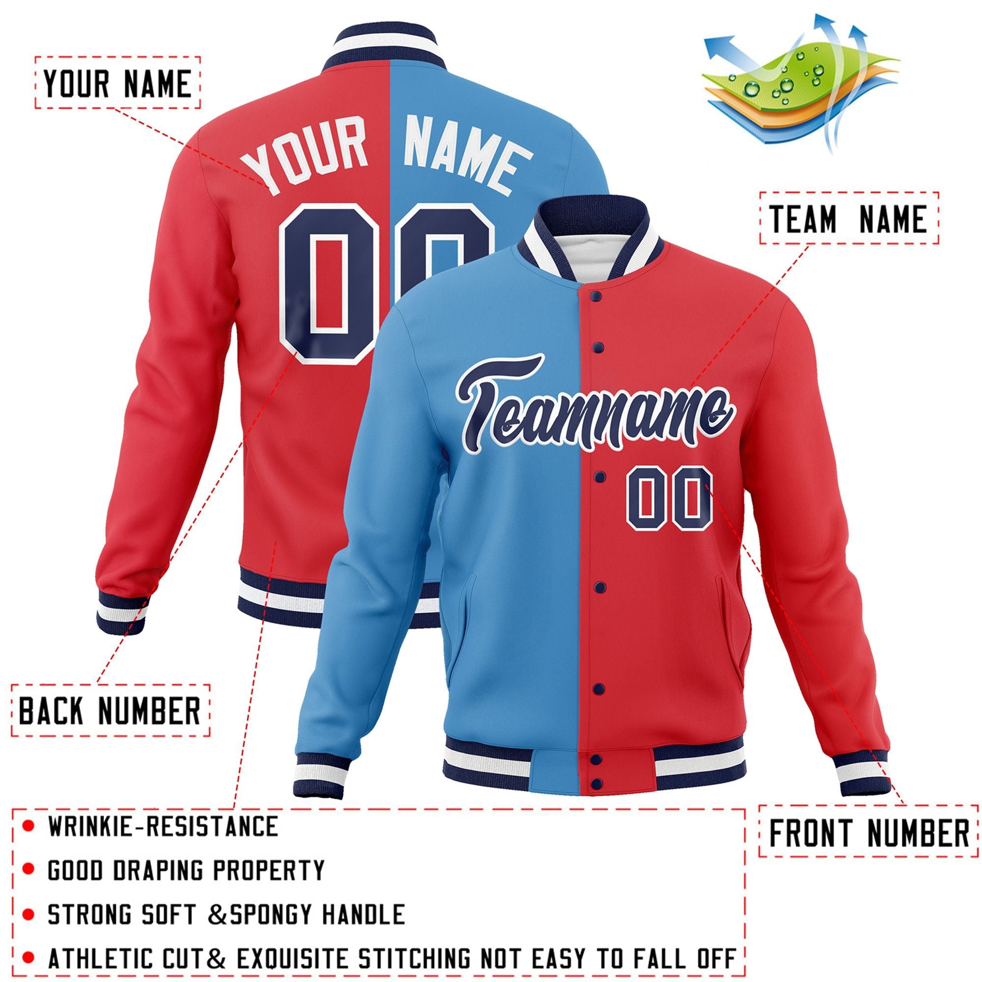 Veste de mode fendue bicolore personnalisée bleu clair rouge-marine Varsity Full-Snap Letterman