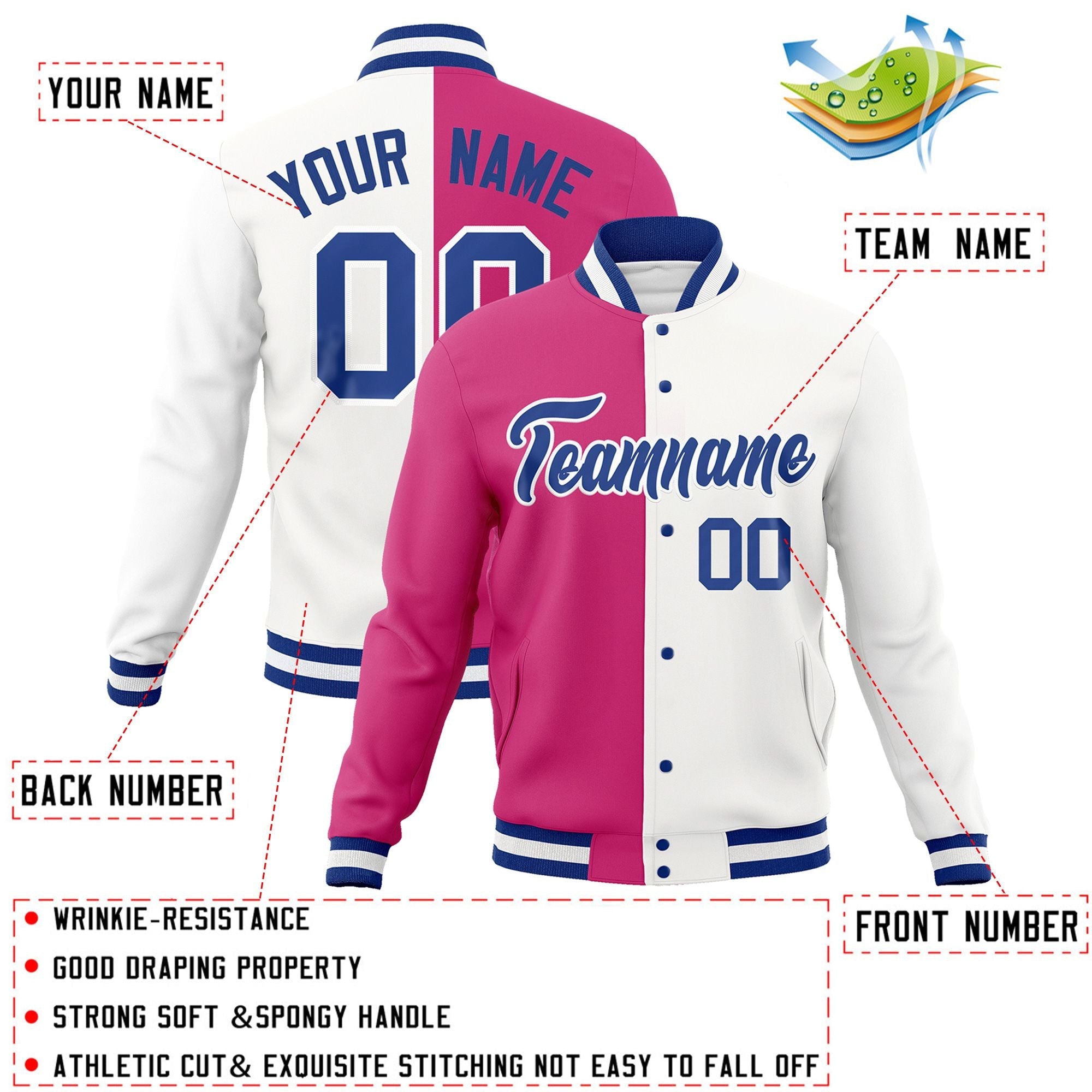 Custom Red White-Royal Varsity Full-Snap Letterman Two Tone Split Fashion Jacket