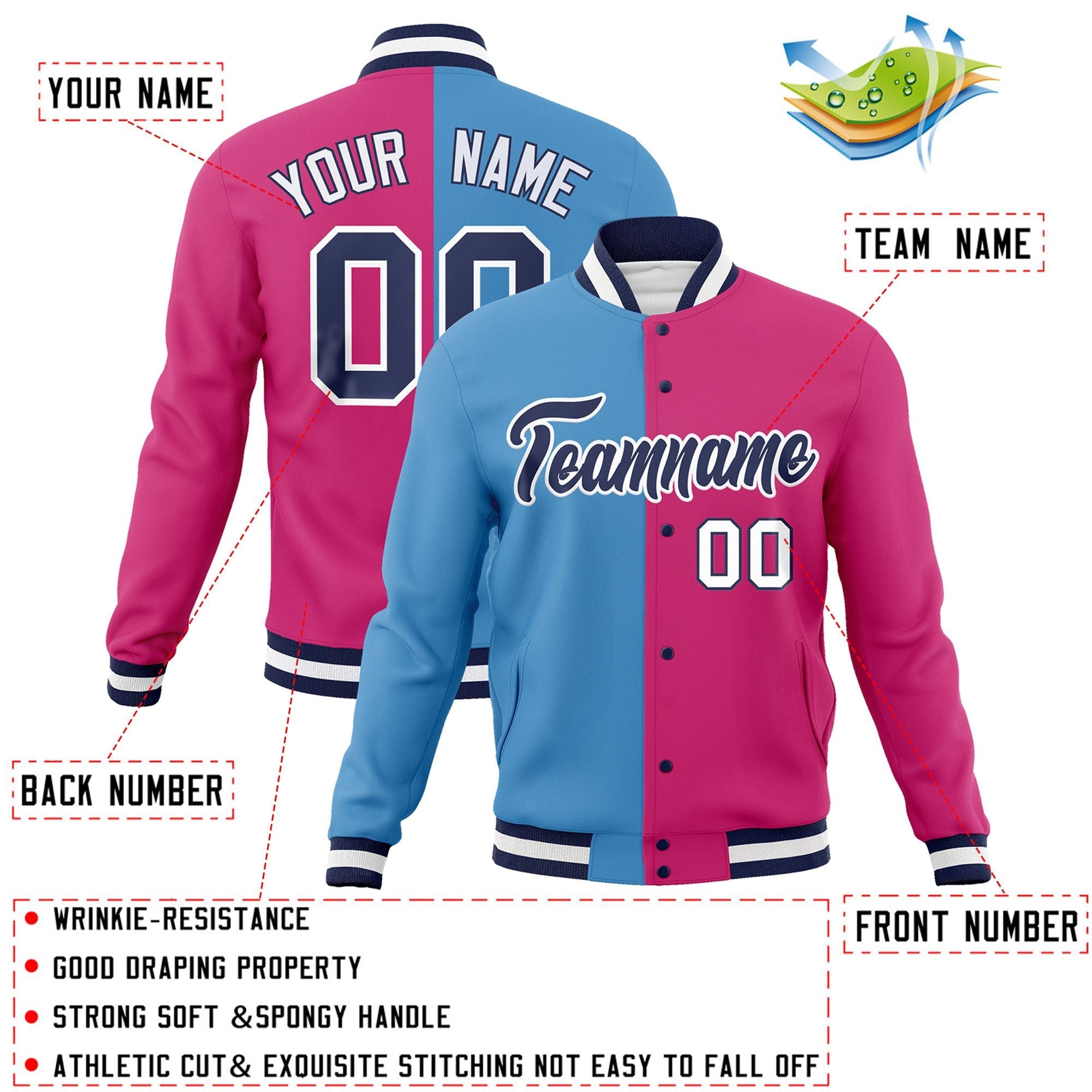 Veste de mode fendue bicolore personnalisée bleu clair rouge-marine Varsity Full-Snap Letterman