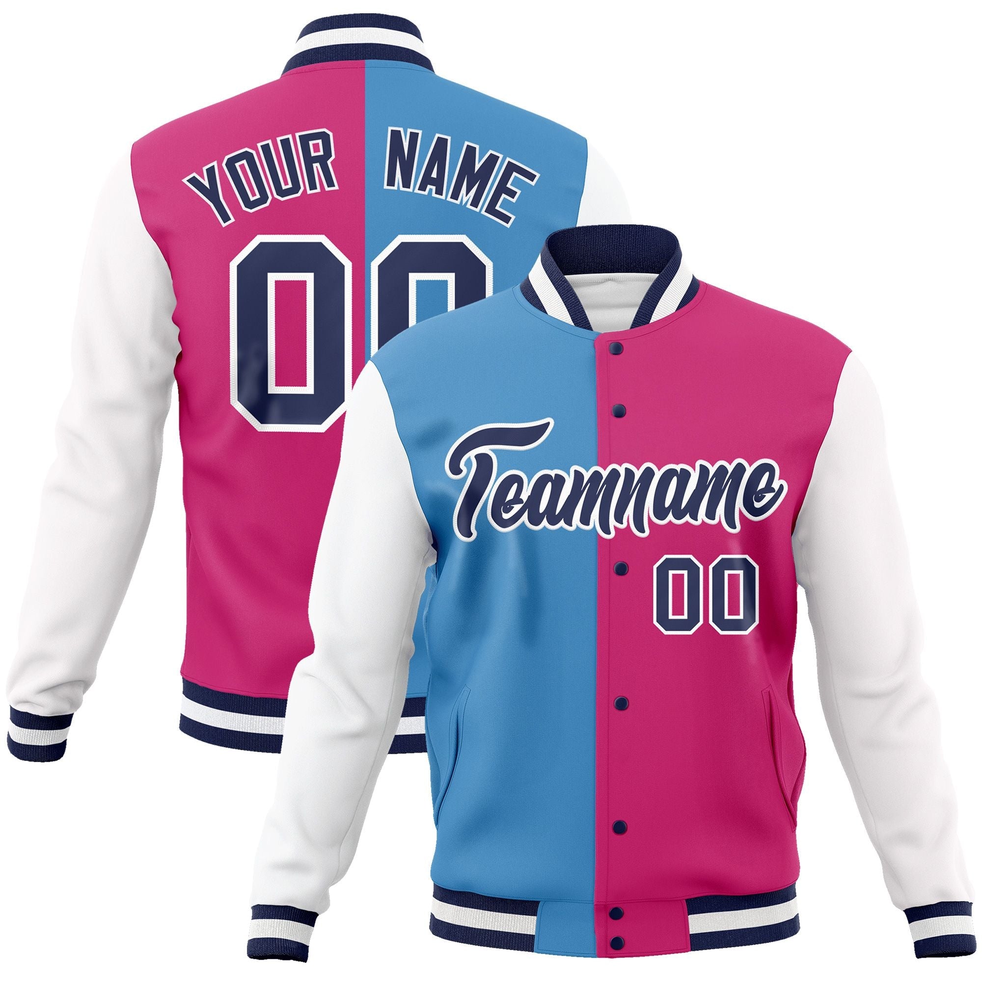 Custom Light Blue Red-Navy Varsity Full-Snap Letterman Two Tone Split Fashion Jacket