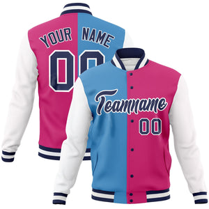 Custom Light Blue Red-Navy Varsity Full-Snap Letterman Two Tone Split Fashion Jacket