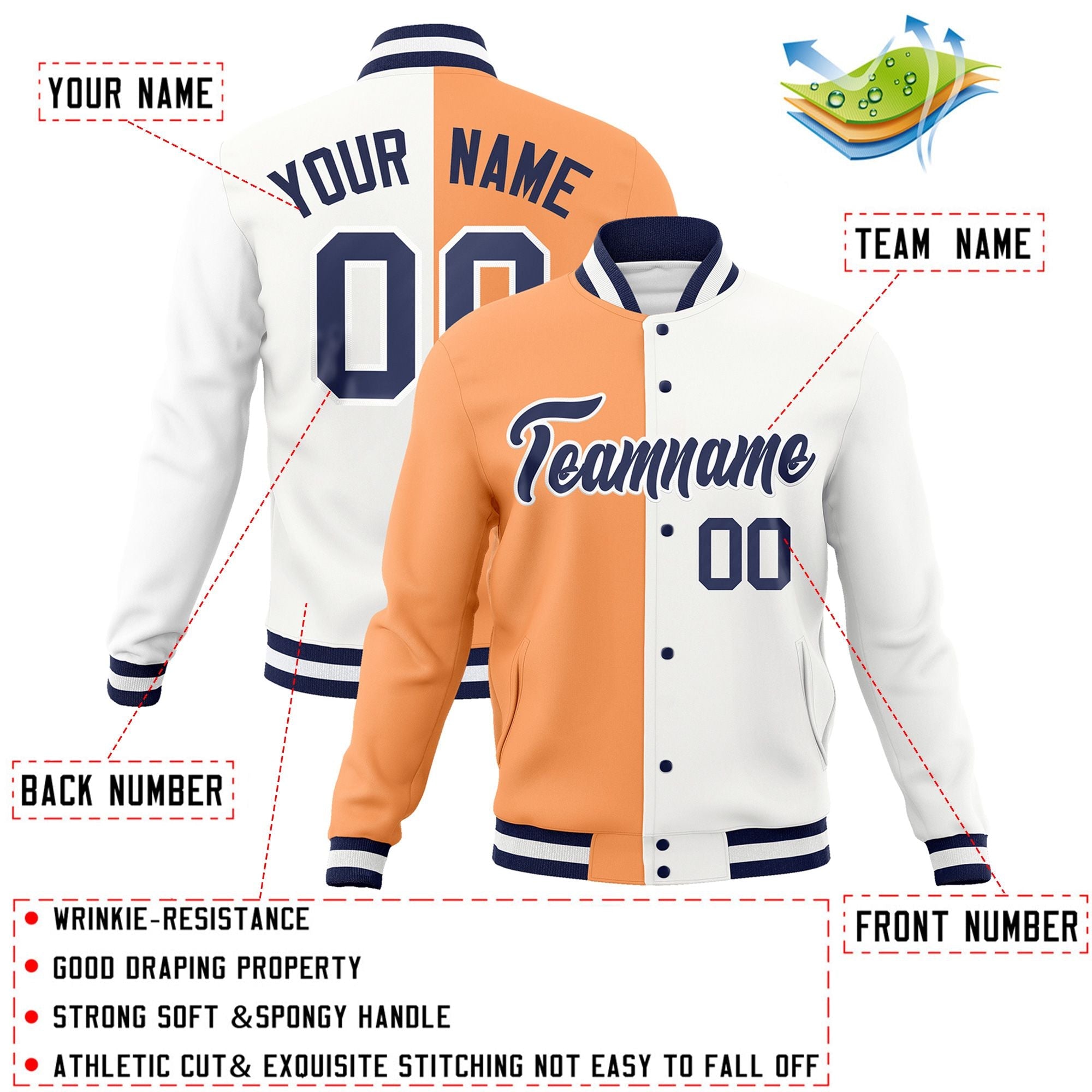 Custom Orange White-Navy Varsity Full-Snap Letterman Two Tone Split Fashion Jacket