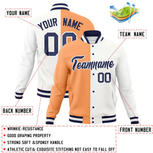 Veste de mode fendue bicolore personnalisée orange blanc-marine Varsity Full-Snap Letterman