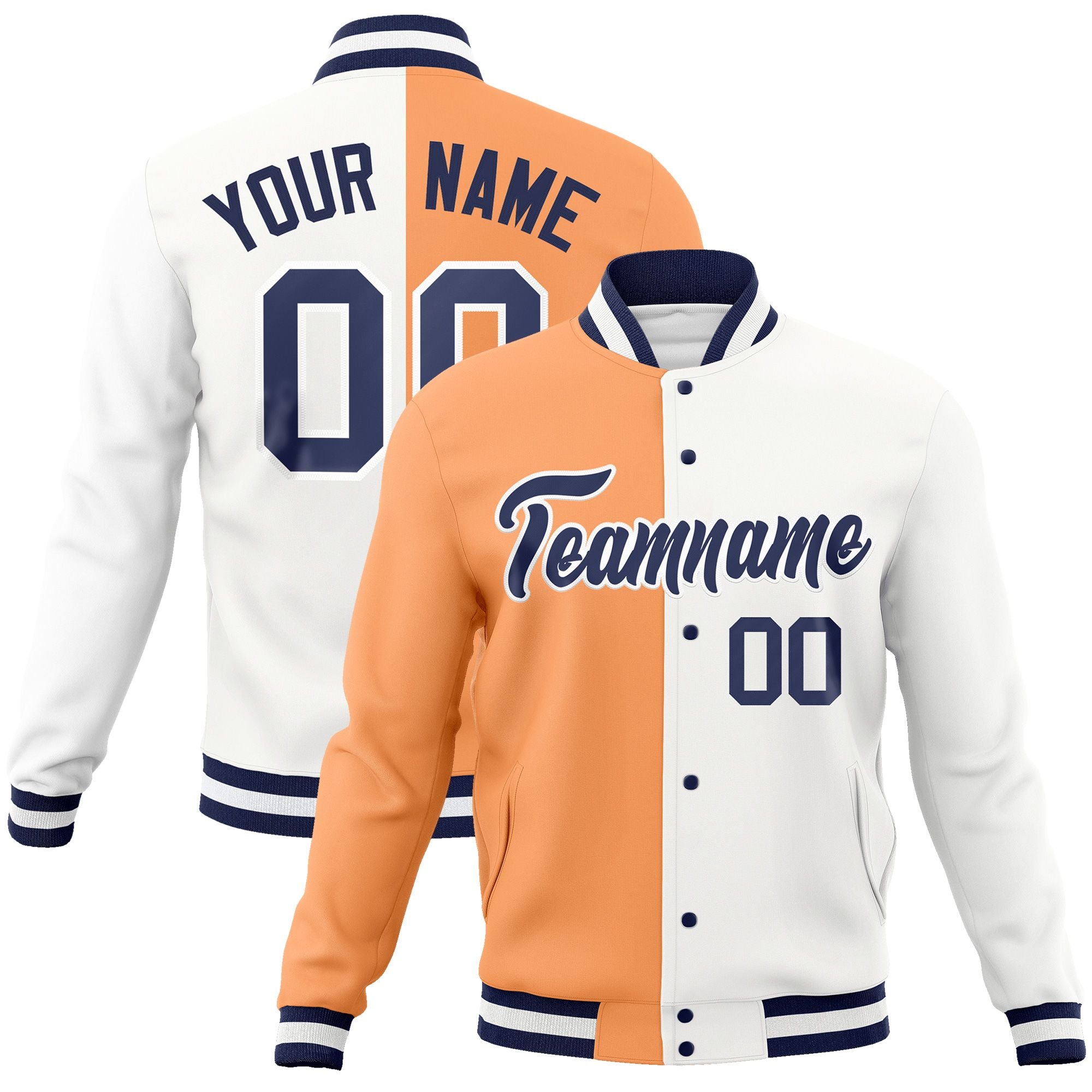 Custom Orange White-Navy Varsity Full-Snap Letterman Two Tone Split Fashion Jacket