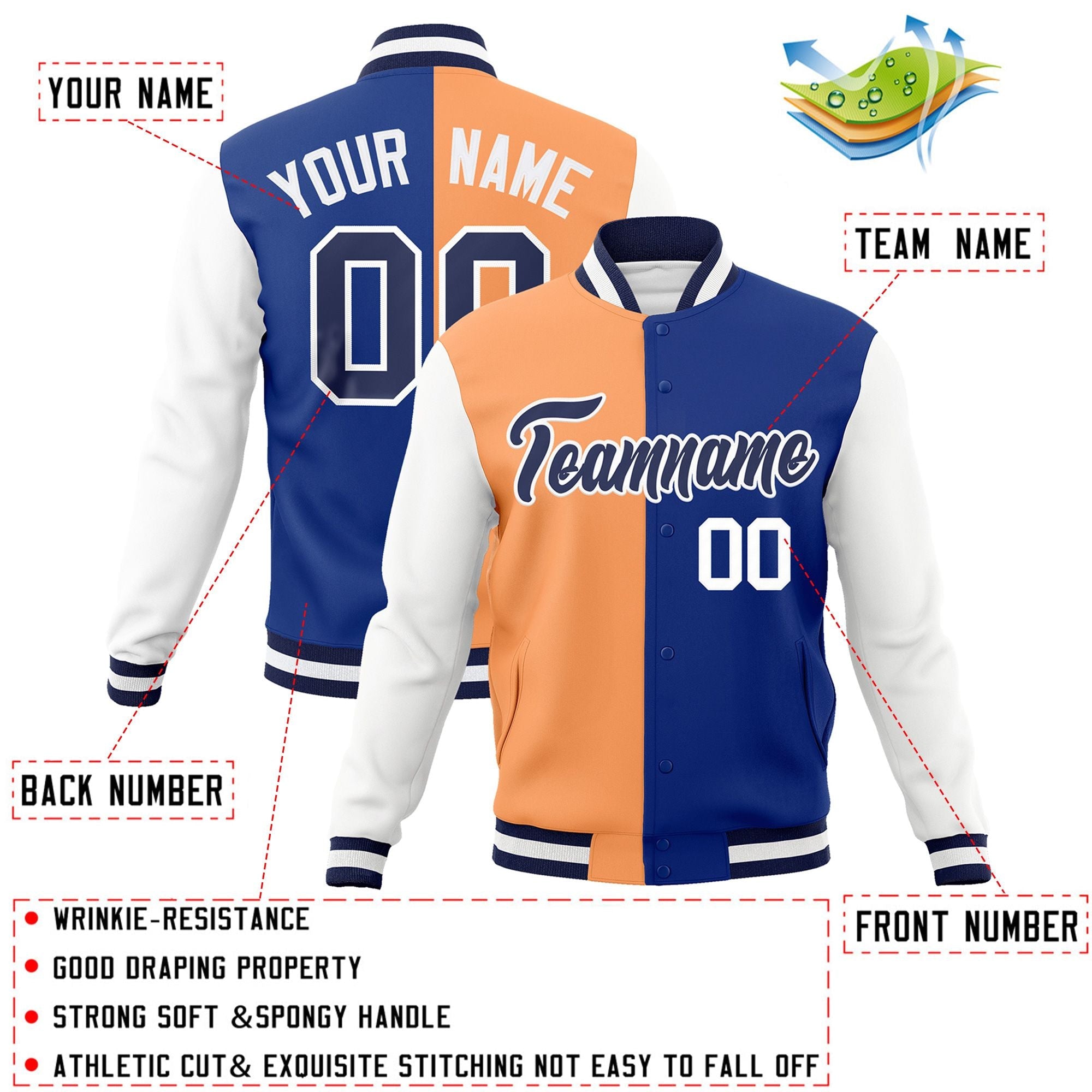 Veste de mode fendue bicolore personnalisée Orange Royal-Navy Varsity Full-Snap Letterman