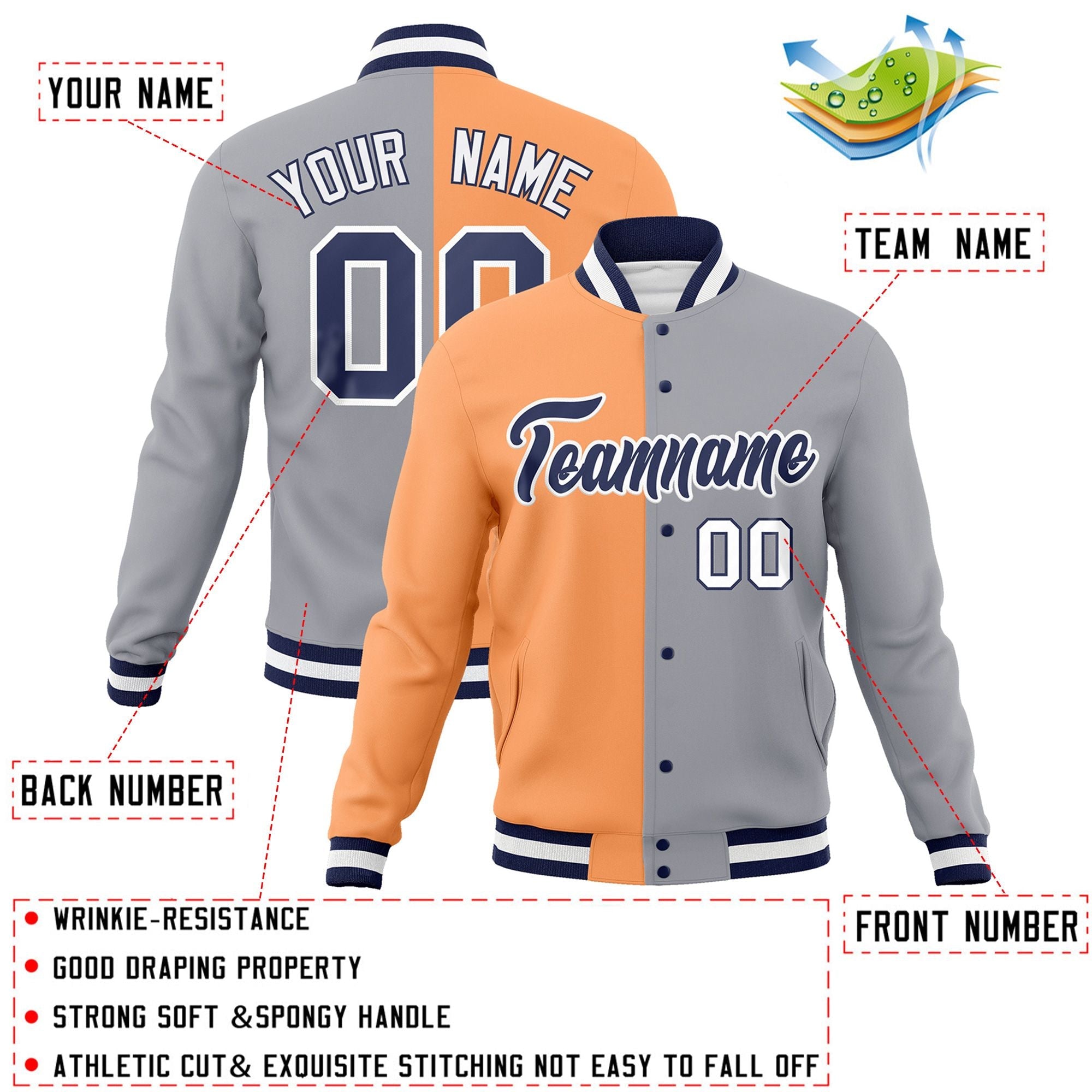 Veste de mode fendue bicolore personnalisée Orange gris-marine Varsity Full-Snap Letterman